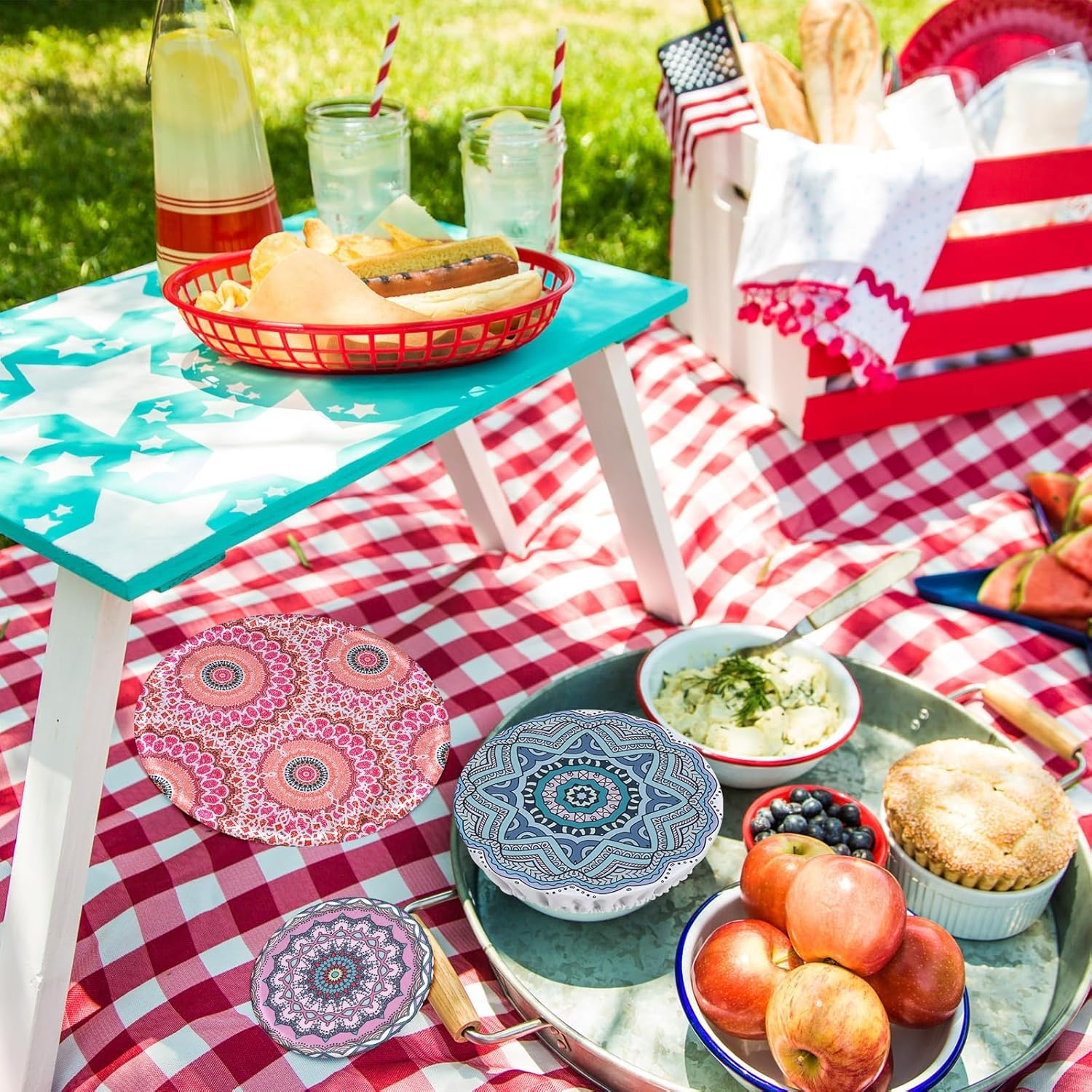 Hapurs Set of 5 Reusable Food Cover Bowl Covers, Elastic Fabric Covers Multi Purpose Food Storage Dish Covers Can Lids, Fruit Vegetable Meat Preservation Fresh Keeping Bread Rising Cover (Mandala A) - Aztec image number 4