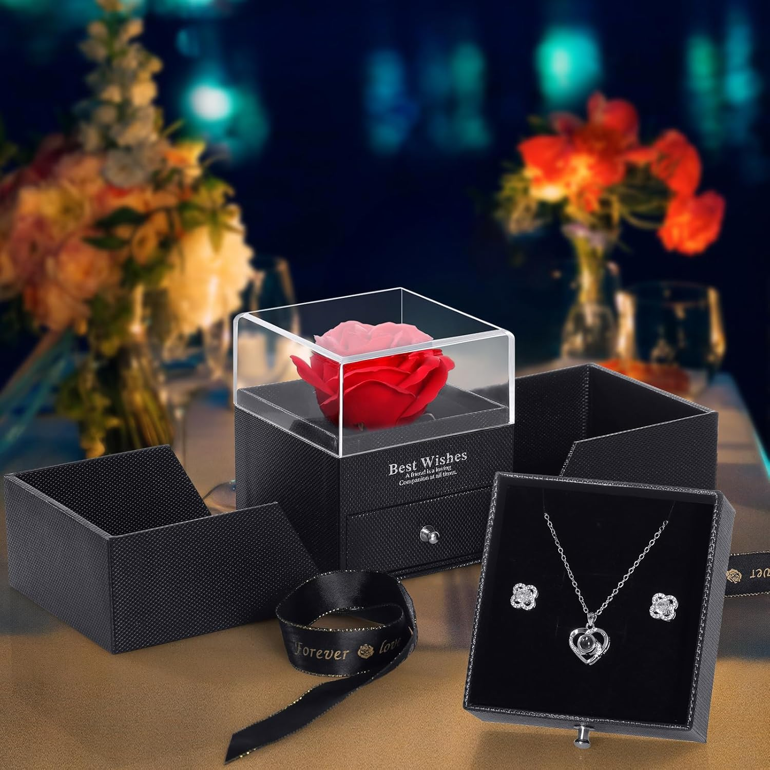 Preserved Red Real Rose with I Love You Necklace in 100 Languages, Eternal Flowers Rose Gifts for Mom Wife Girlfriend on Mothers Day Valentines Day Anniversary Christmas Birthday Gifts for Women image number 2