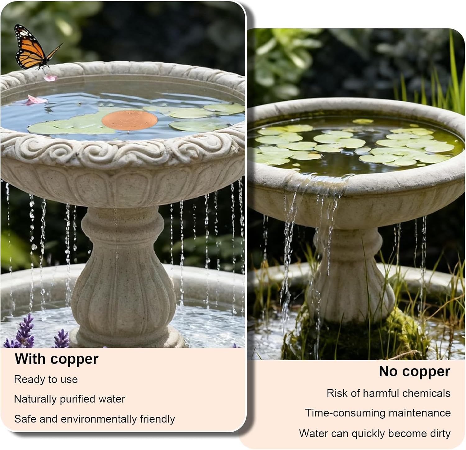 2Pcs Bird Bath Cooper Disks, 99.9% Pure Copper Purification Disk Universal Fit for Outdoor Bird Baths & Fountains Naturally Keeps Water Clean image number 5