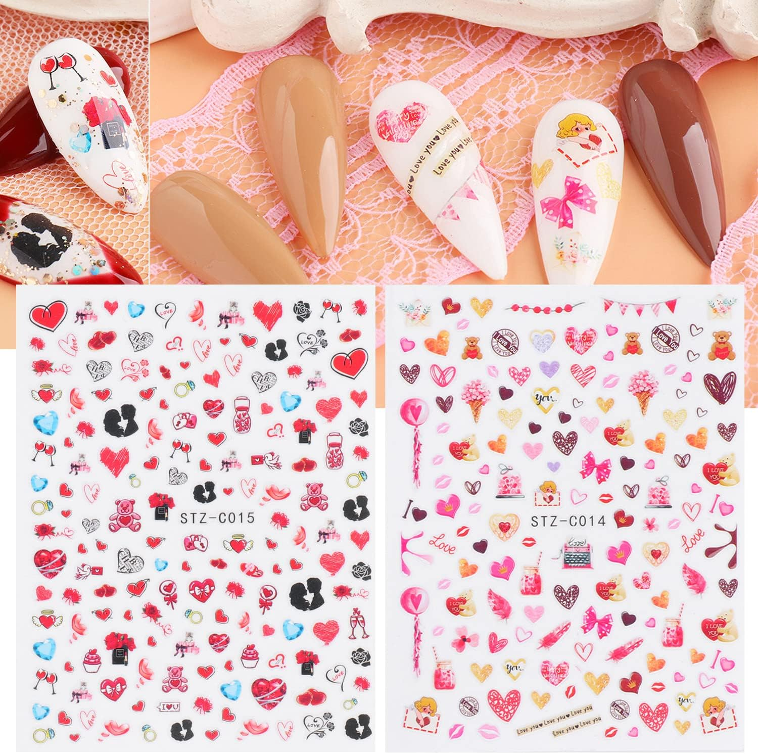 Love Heart Nail Art Stickers, Colorful Hearts Nail Decals 3D Self-Adhesive Nail Sticker Design Holographic Valentine'S Day Love Nail Art Supplies for Women Girls Manicure Charms Decoration(9 Sheets) image number 5