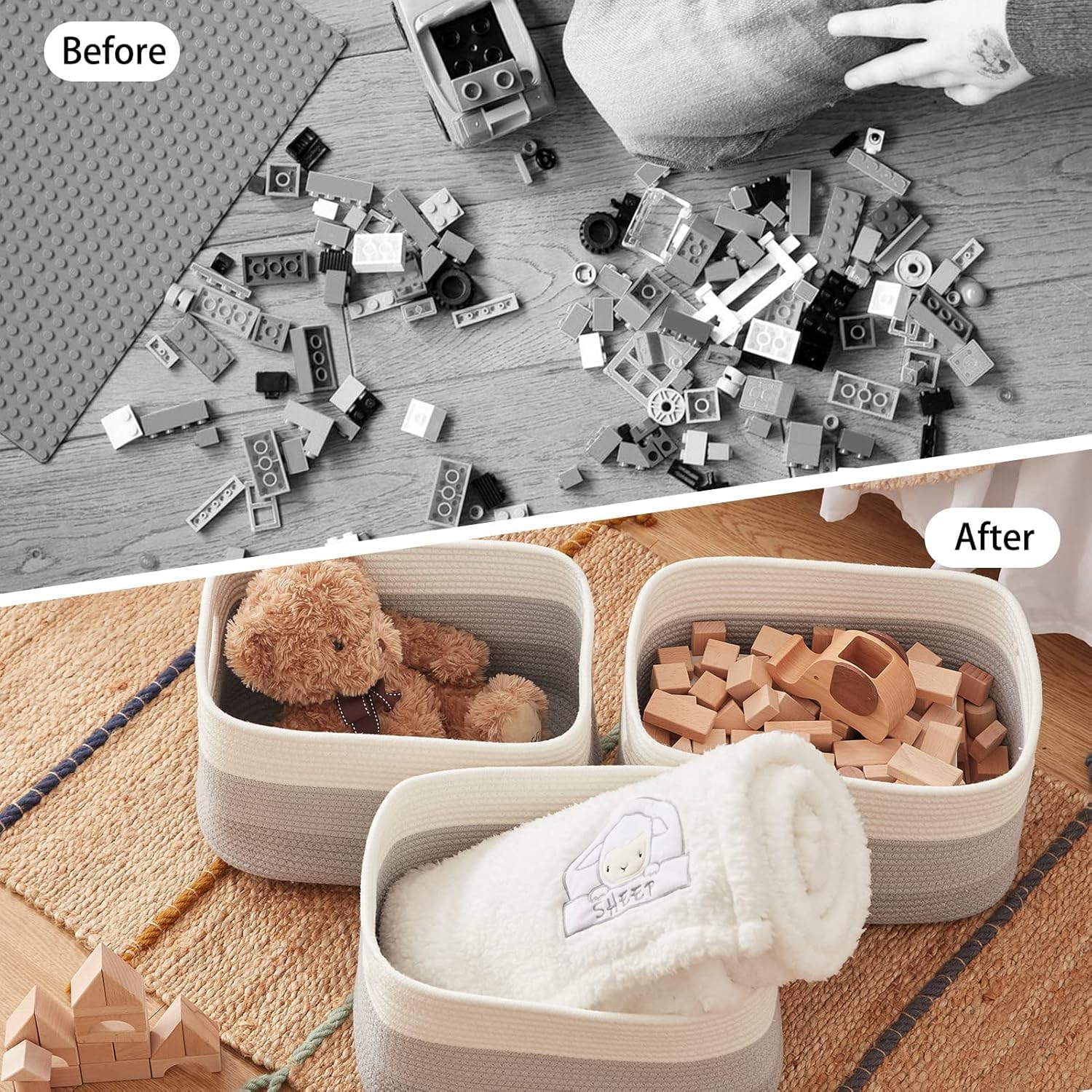 3Pack Storage Basket,Storage Basket for Organizing, Woven Baskets for Storage, Cotton Rope Basket for Toys&Books,Towel Baskets for Bathroom,Baby Organizing Baskets (Grey)