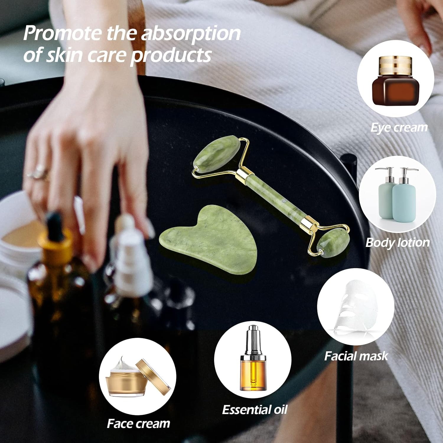 Geeric Jade Roller and Gua Sha Scraping Massage Tool Anti-Aging Quartz Natural Facial Jade Stone Set - Face Eye Neck Beauty Roller for Slimming&Firming - Rejuvenate Skin & Remove Wrinkles Green image number 5