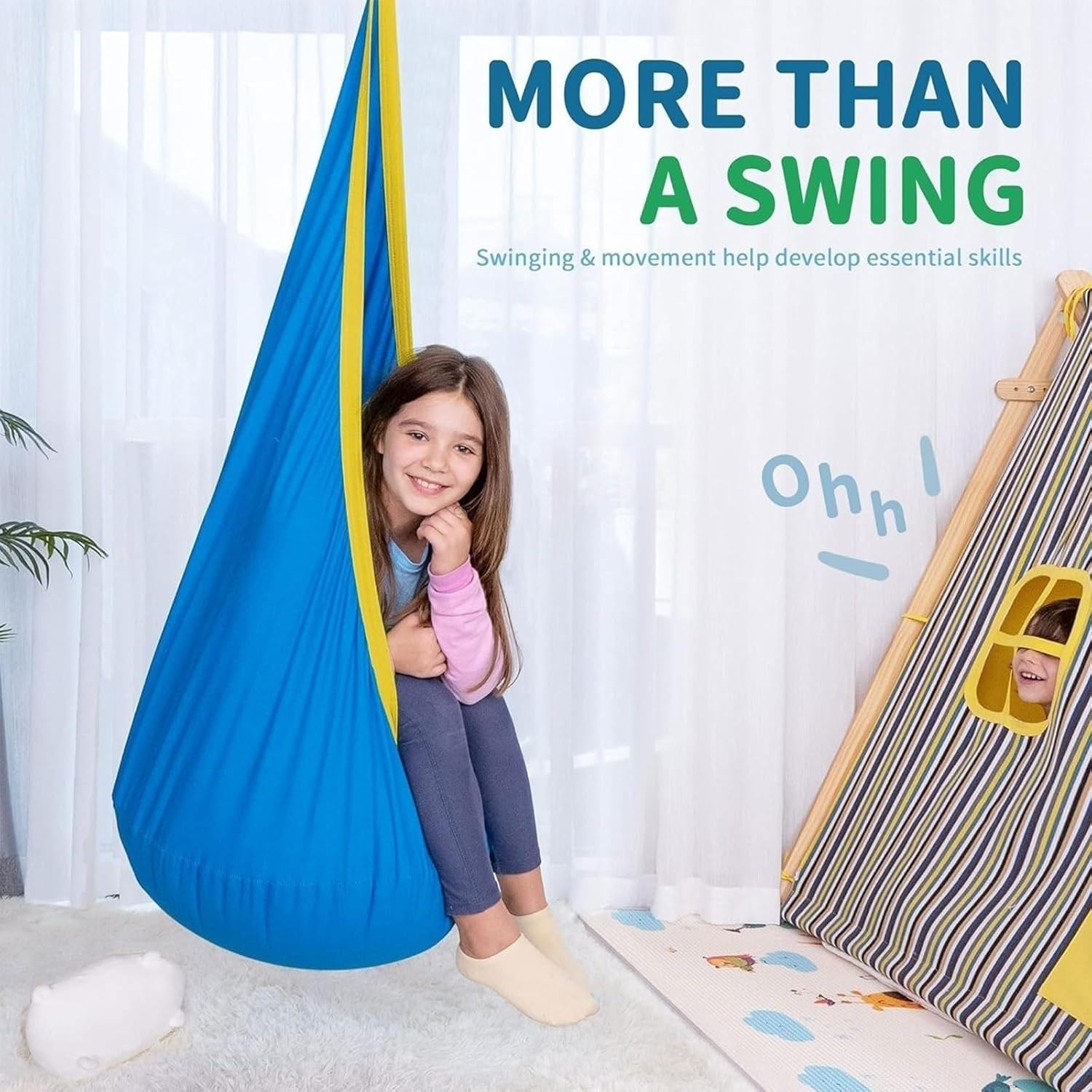 Sensory Swing, Kids Pod Swing Seat, 100% Cotton Child Hanging Hammock Chair for Indoor Outdoor with Inflatable Pillow and All Accessories, Rope Hanging Swing Seat Nest, Max 150Lbs(Light Blue) image number 6
