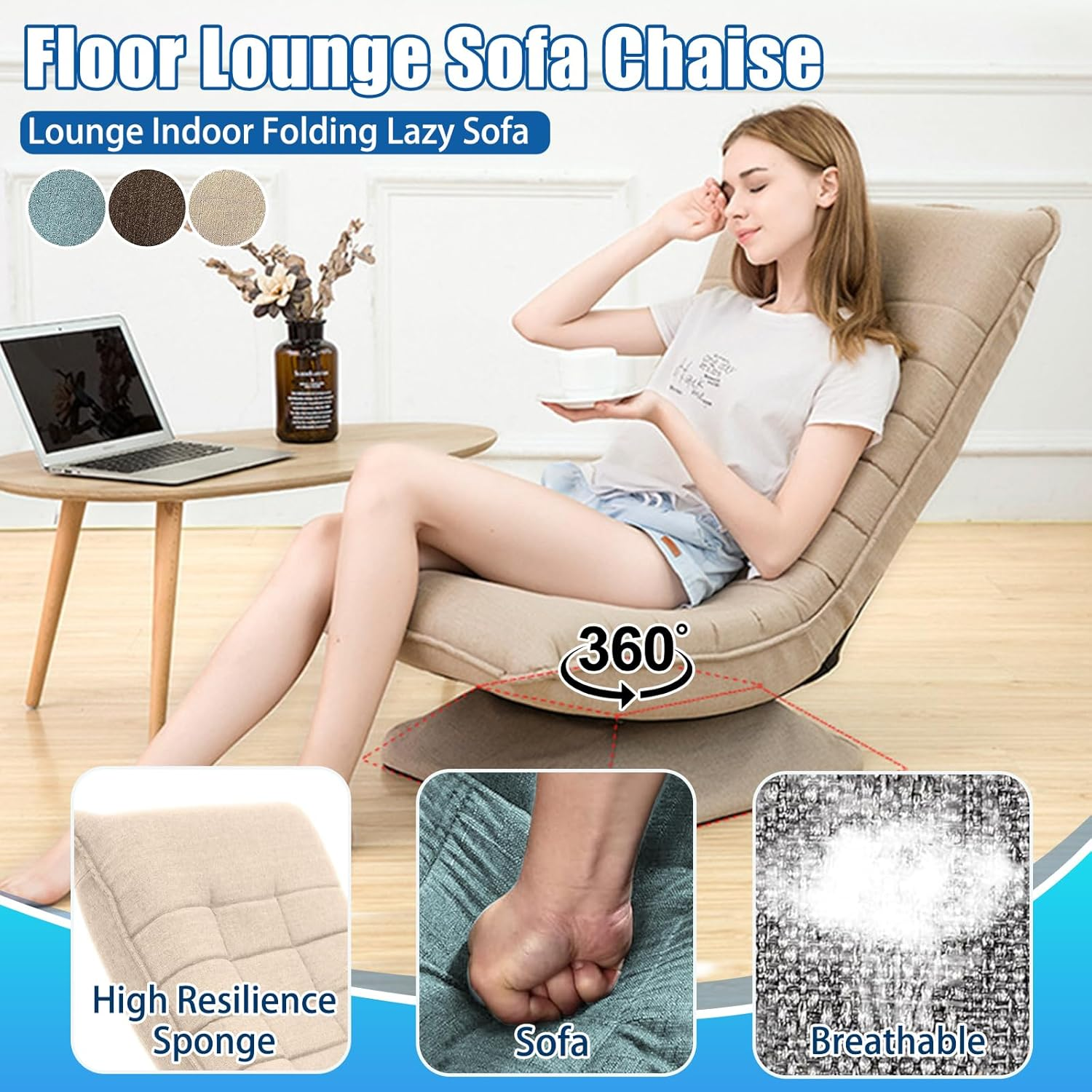 LIODUX Swivel Floor Chair, 5-Position Adjustable Folding Lazy Sofa Lounger Bed, Folding Floor Chair with Adjustable Backrest, for Home & Living Room, Chaise Lounge for Teens Adults (Coffee) - Coffee image number 1