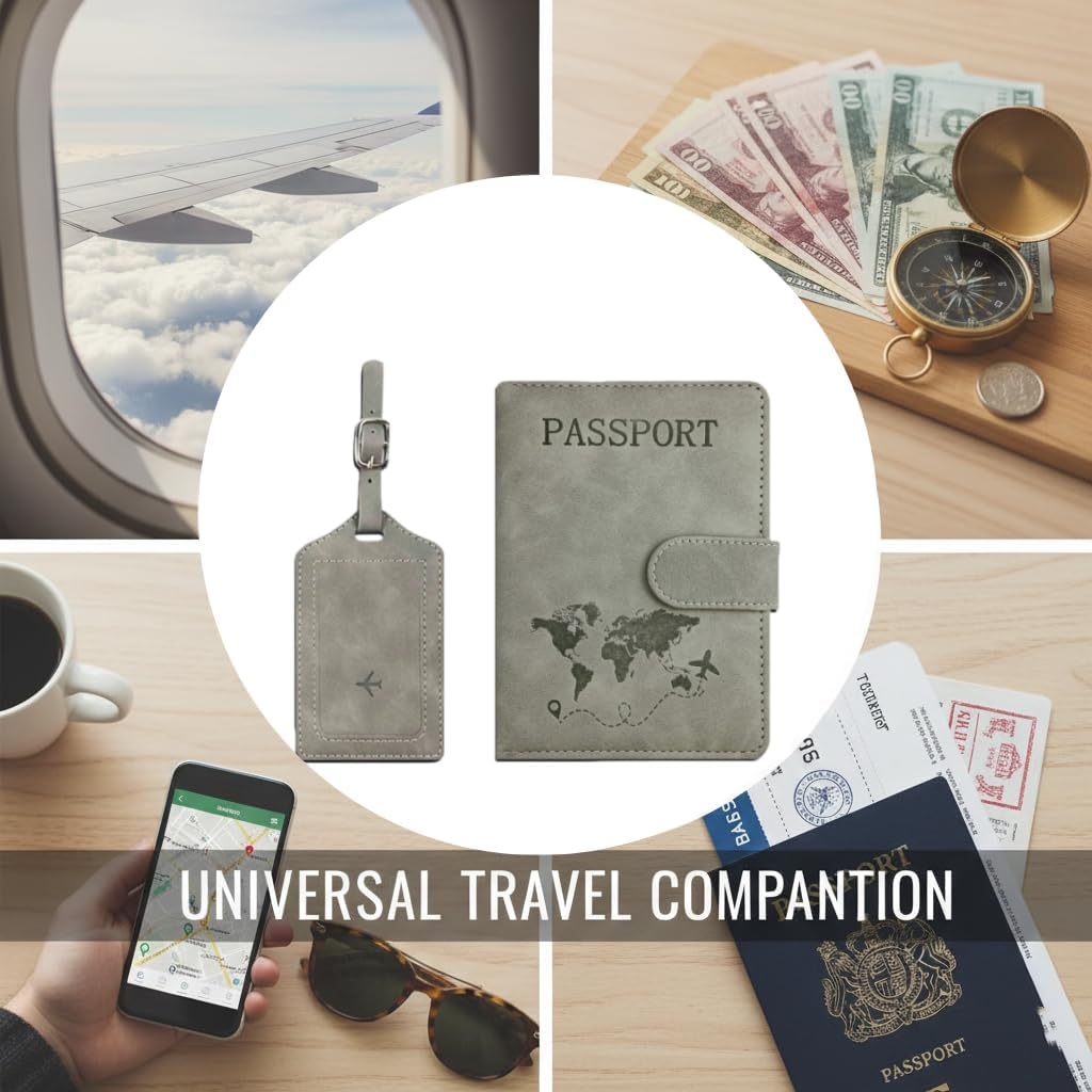 Passport Holder Cover with Luggage Tag, PU Leather Passport Cover, Portable Universal Travel Wallet Organiser for Passports Boarding Passes Credit Cards Travel Documents​ (Gray) - Brown image number 4