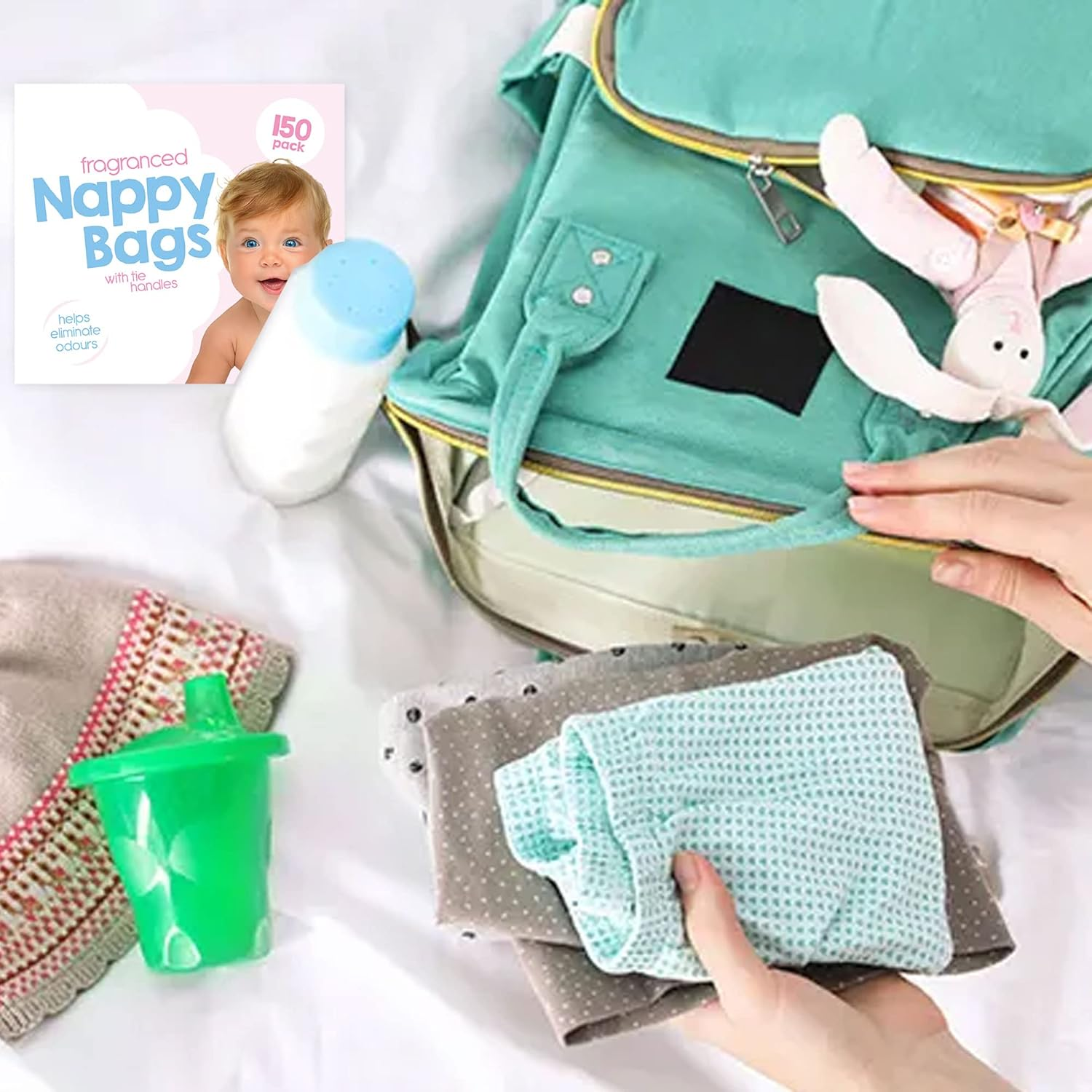 150 Coloured Nappy Bags with Tie Handles, Fragranced for Eliminating Odours, Durable and Leak-Proof, Light-Weight and Perfect for Babies Travel Bags image number 2