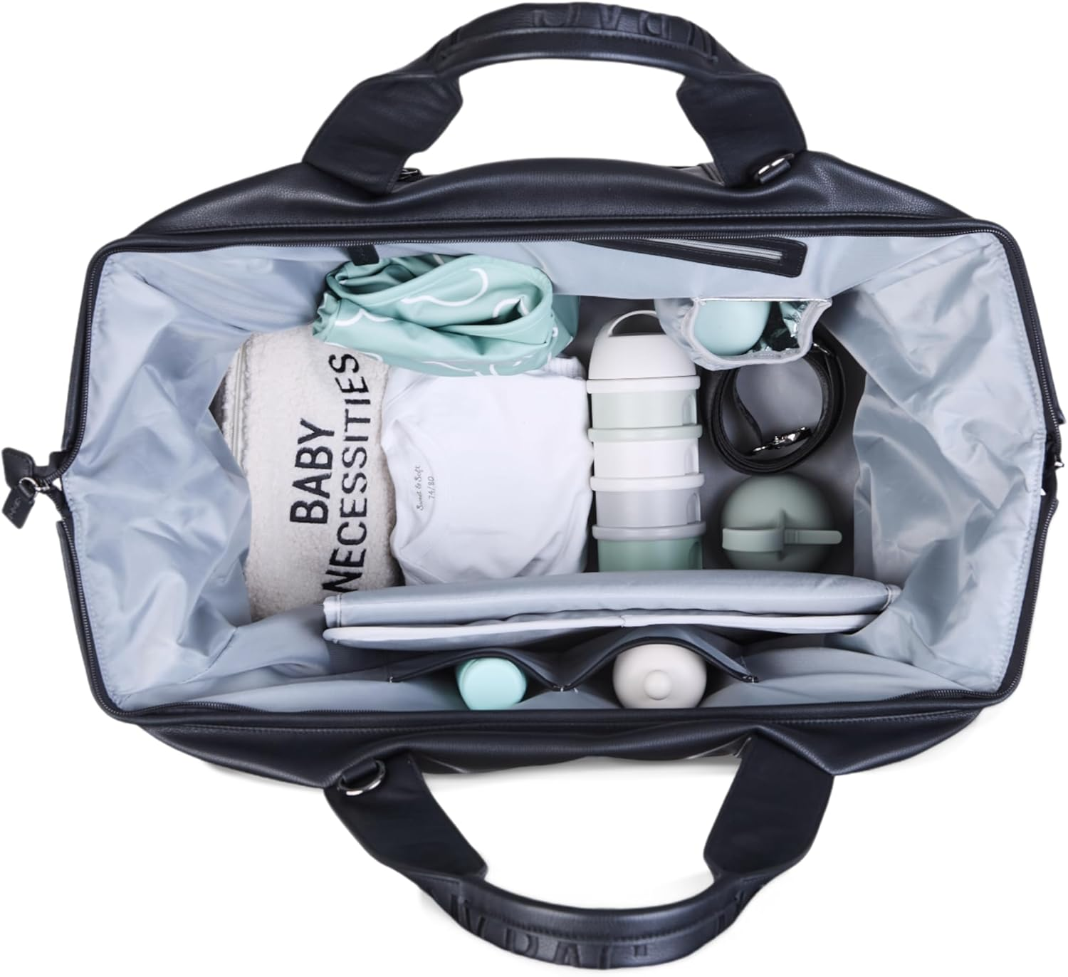 CHILDHOME, Mommy Bag, Changing Bag, Maternity, Travel Bag, Large Capacity,Changing Mat, Adjustable Shoulder Strap, Compartment, Insulated Pocket,Passage for Suitcase, Vegan Leather Simili Black