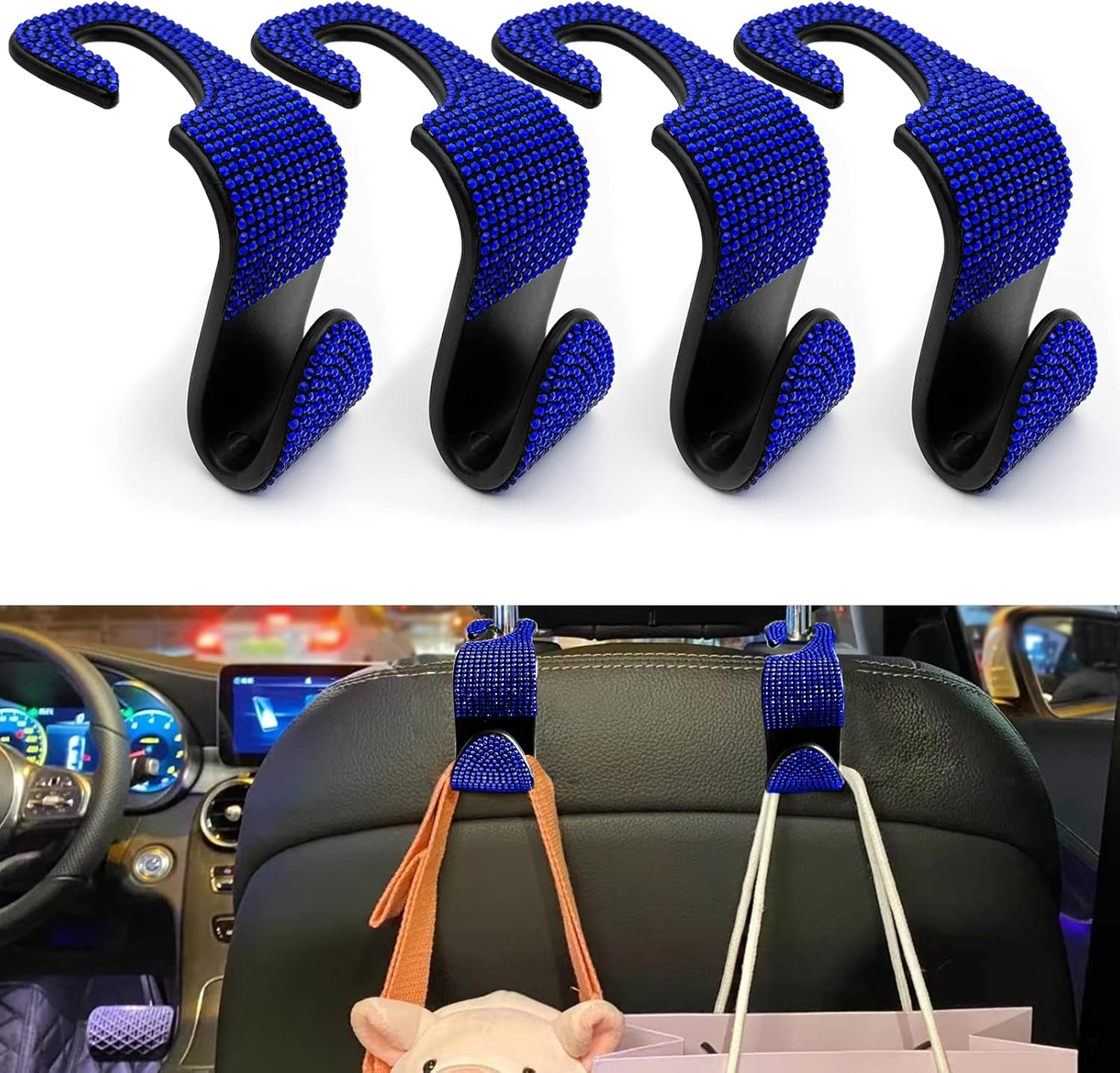 2PCS Car Seat Hooks - Bling Rhinestone Headrest Hooks with Universal Design - Perfect for Holding Handbags, Clothes, Purses, and Water Bottles - Black