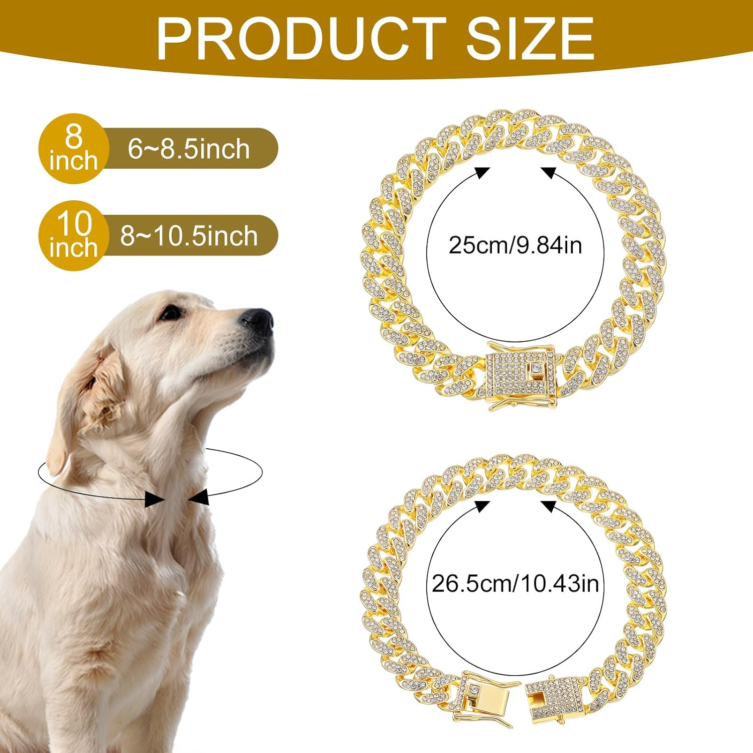 Gold Dog Chain Collar Diamond Cuban Link Dog Collar, 16Mm Wide Dog Necklace Metal Cat Chain Pet Crystal Collar Jewelry Accessories with Design Secure Buckle for Small Medium Large Dogs Cats(10Inch) image number 3