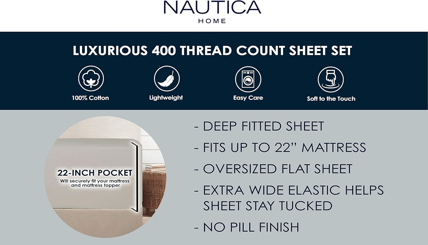 Nautica - King Sheets, Cotton Sateen Bedding, 400 Thread Count, Silky Smooth & Wrinkle Resistant (Regatta Grey, King) image number 6