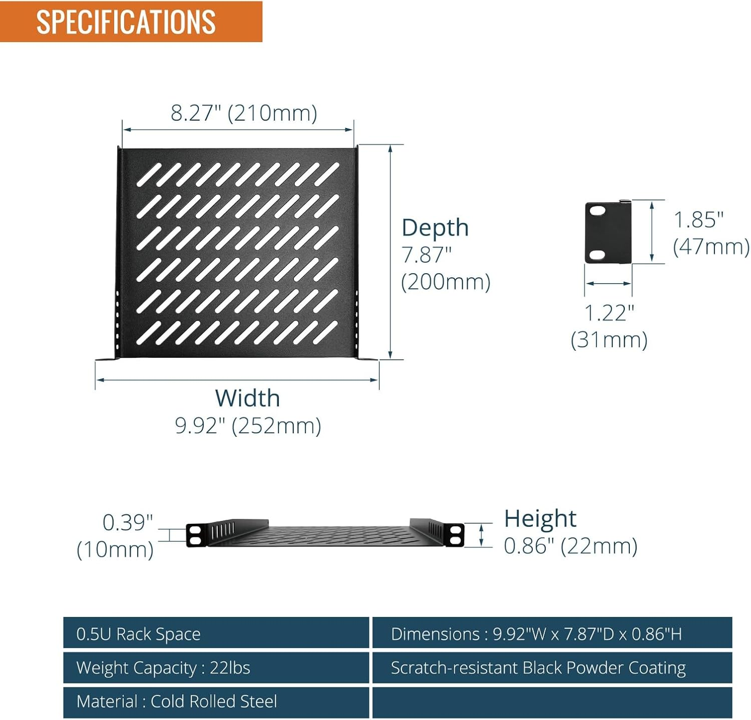 Tecmojo 2 Pack 0.5U Rack Shelf, 10 Inch 200Mm Depth Server Rack Mount Shelf Vented Cantilever Tray, Metal Shelves for 10 Inch Server & Network Cabinet, Weight Capacity 10 Kg, Black image number 6