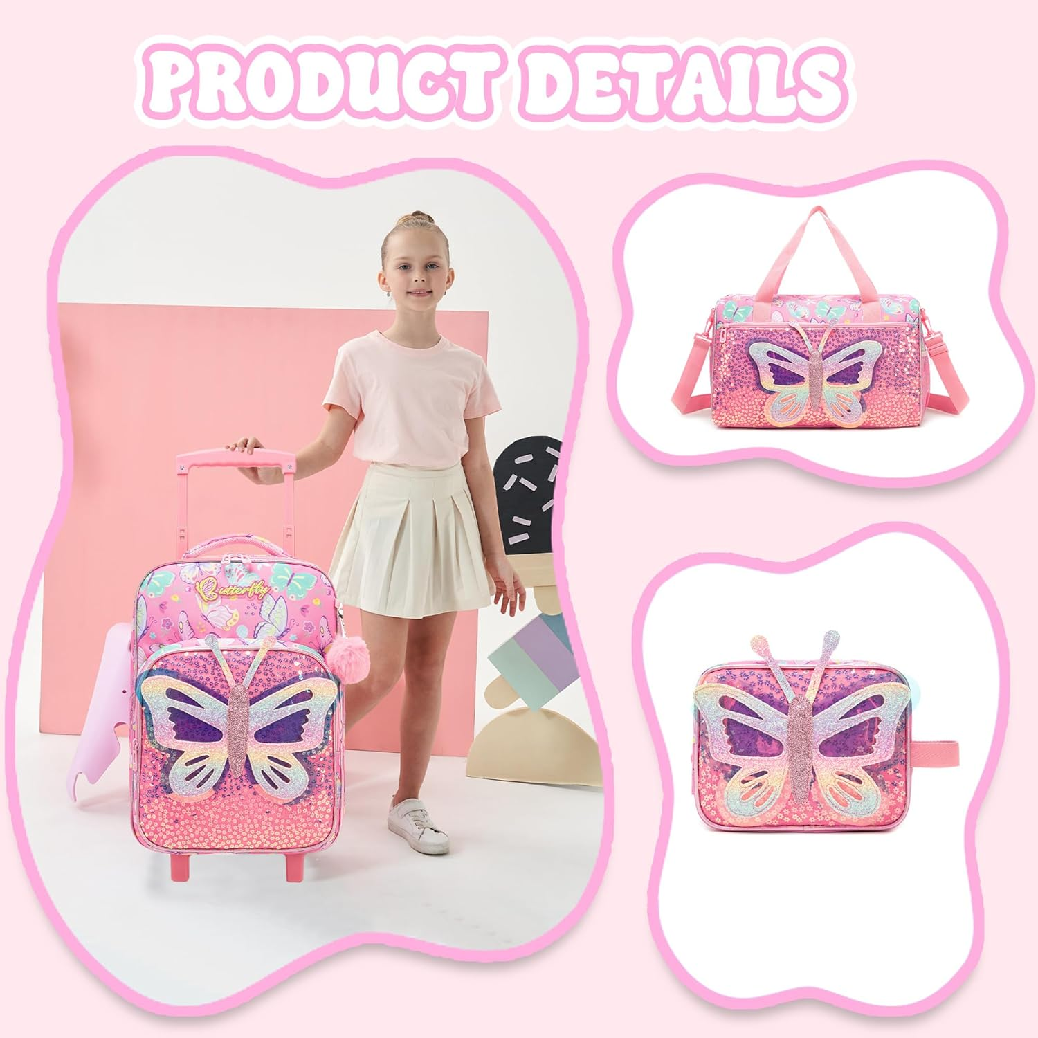 Homskiii Kids Pink Butterfly Luggage with Wheels Suitcases Travel Softside Suitcases 16" Carry on Suitcase with Duffle Bag Luggage Sets Airline Approved image number 3