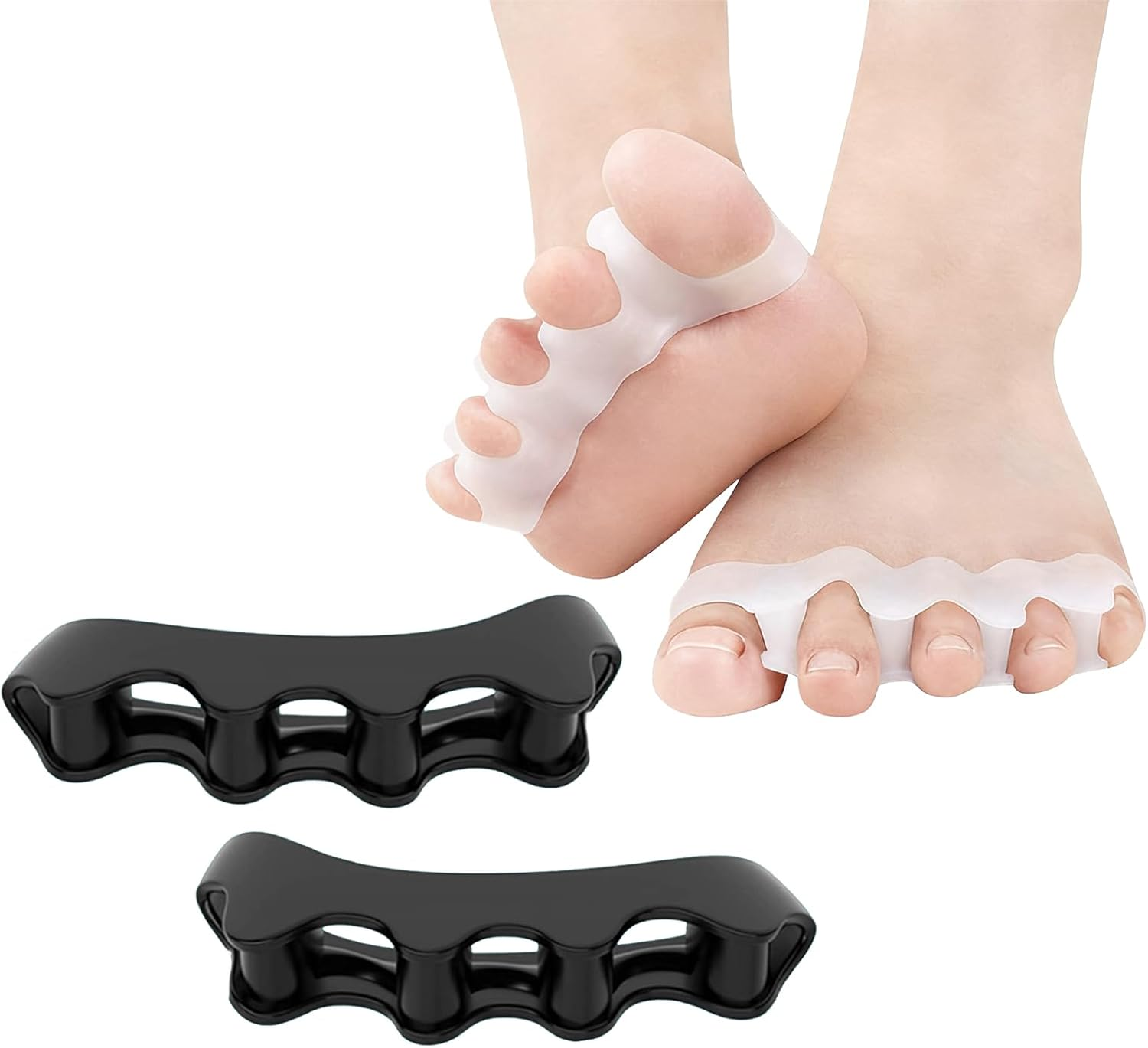 Vonzuda 2 Pairs Toe Separators for Women and Men，Soft Gel Toe Spacers to Correct Bunion, Relieve Feet Pain, Foot Alignment, Toe Straighteners for Hammer & Claw Toes, Plantar Fasciitis (Black+White) image number 6