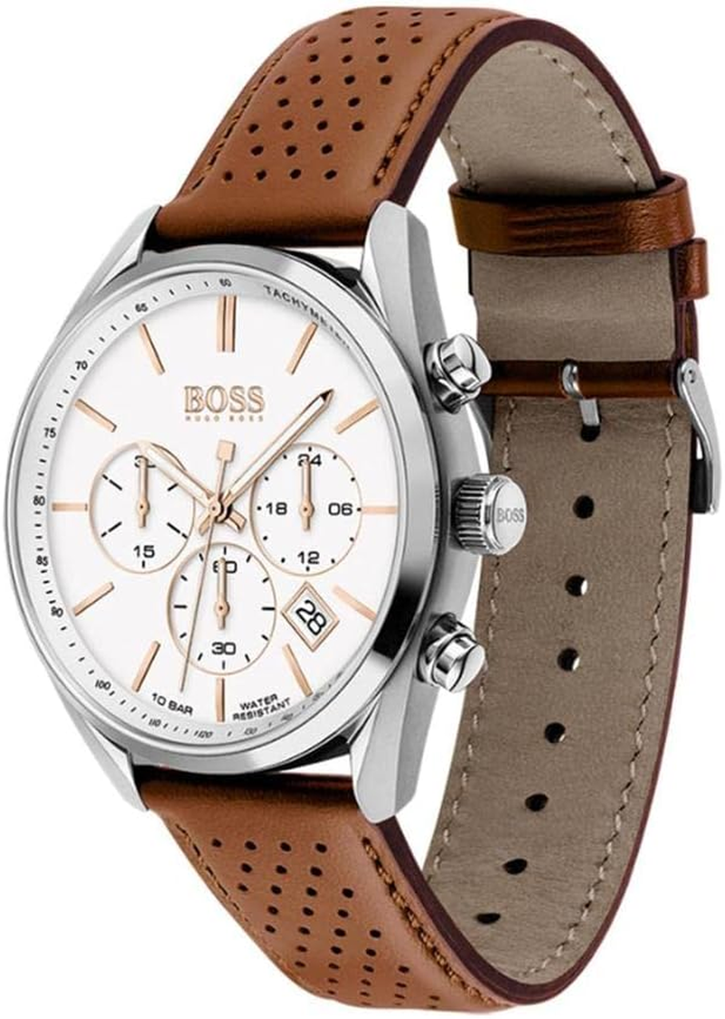 Hugo Boss Men'S Champion Brown Leather Quartz Chronograph Watch, 1513879, White, 44 Mm image number 1