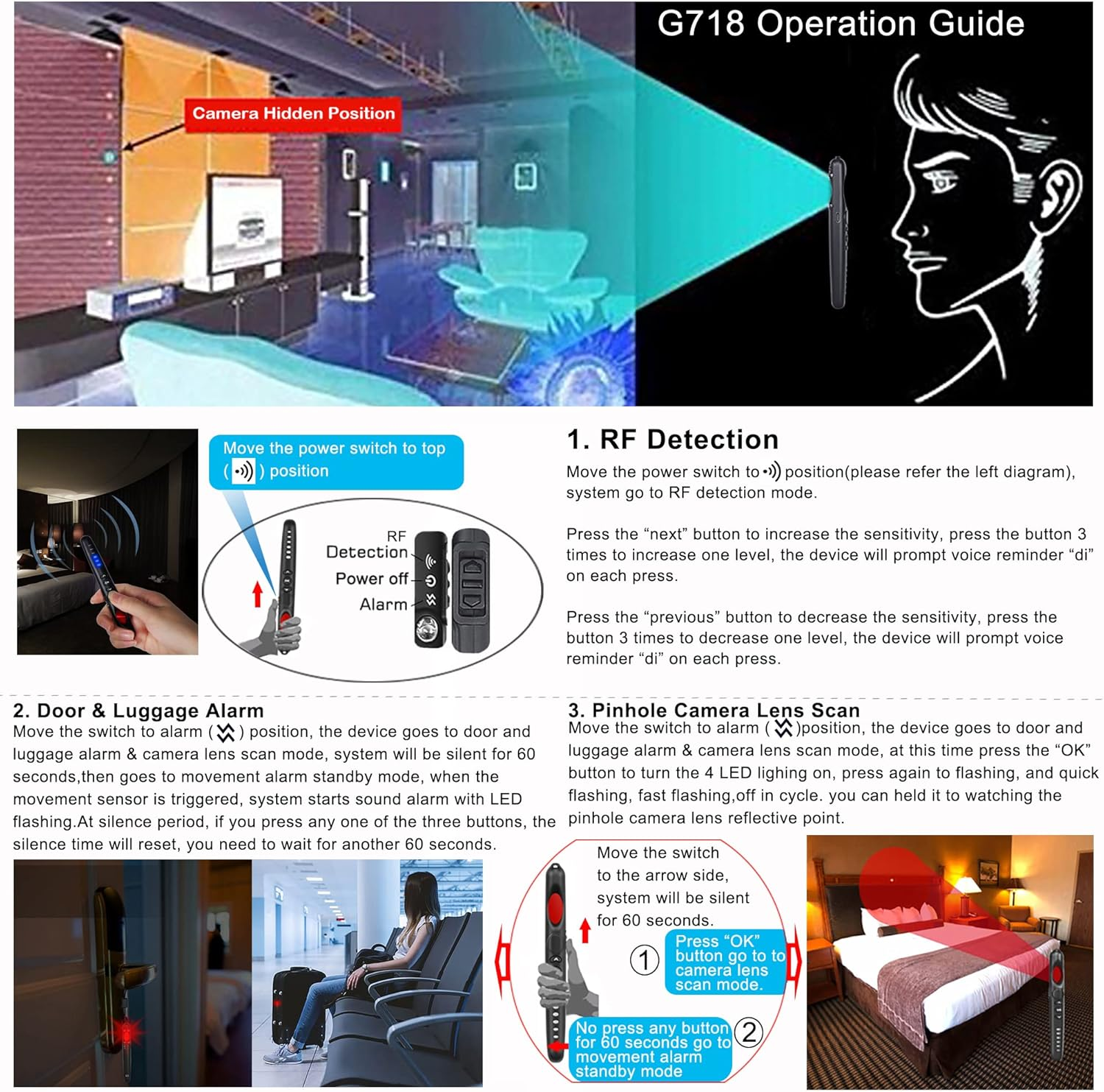 Hidden Camera Detector with RF Signal Scanner, Personal Alarm, Pinhole Camera Lens Finder, Luggage Alert & Door Intrusion Detection for for Airbnb, Hotels, Home, Office, Bathroom, and Travel image number 5