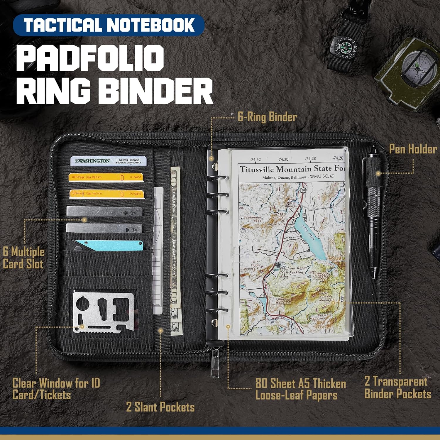 WYNEX Tactical Notebook Padfolio Ring Binder - Refillable 6-Ring A5 Binder, Zip Hardcover Notebook with 80 Pages, Water-Resistant Notebook Cover for Planners, Field, Business image number 2