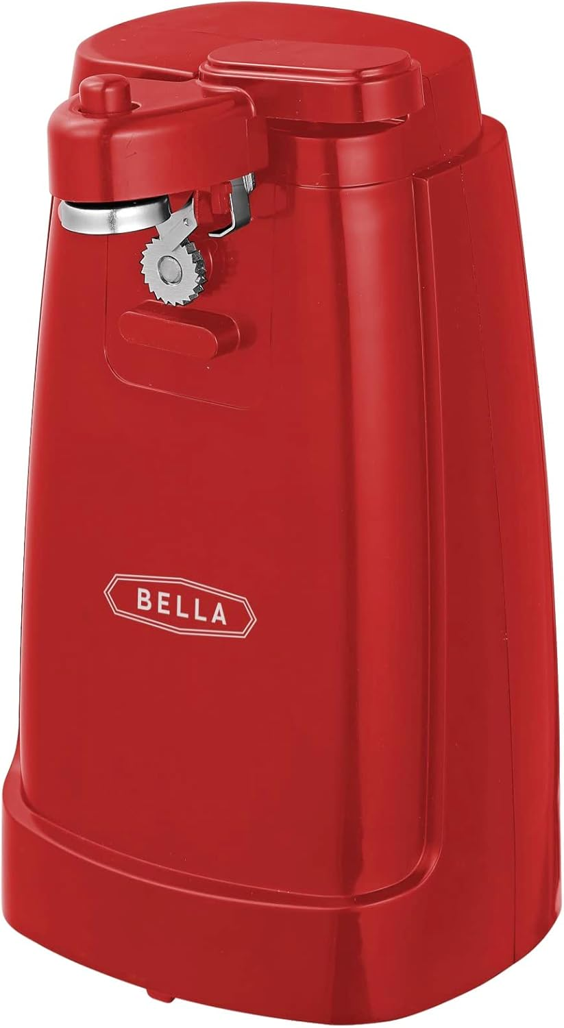 BELLA Electric Can Opener and Knife Sharpener, Multifunctional Jar and Bottle Opener with Removable Cutting Lever and Cable Storage, Stainless Steel Blade, Red