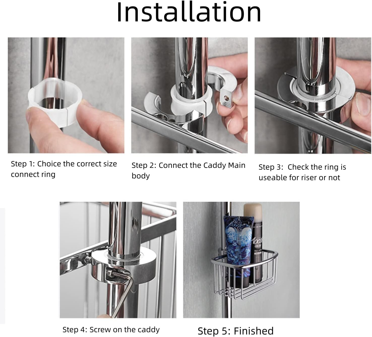 Frafuo Shower Pole Caddy for Shower-6 Size Riser Ring NO Drilling Tension Shower Caddy Basket for Bathroom-Sus 304 Chrome Shower Caddy-Small Shower Caddy Pole with Luxury Standard image number 5