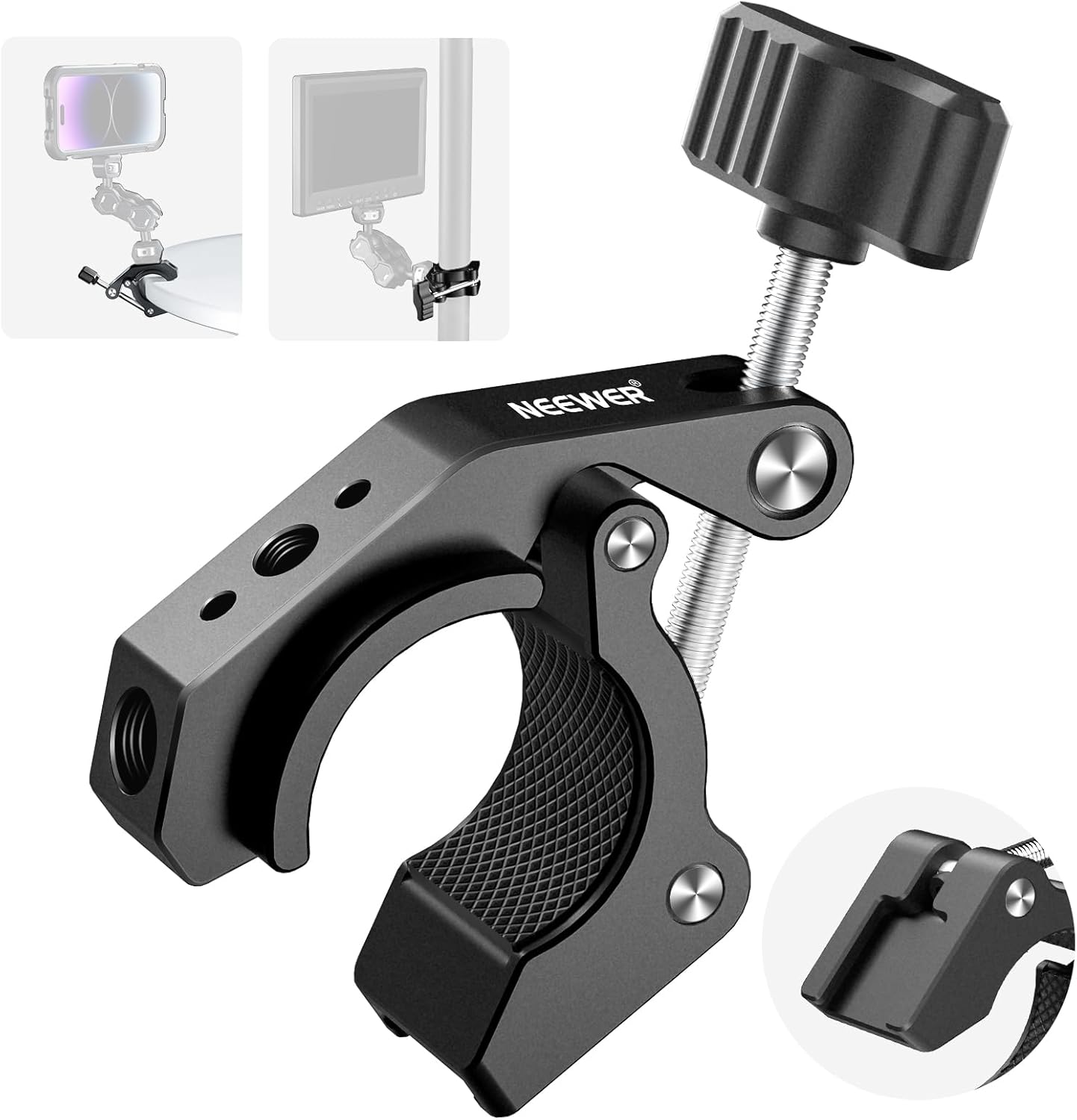 NEEWER Super Clamp with Cold Shoe and 1/4" 3/8" Threaded Holes, Max Load 4.4Lb/2Kg, Crab Shaped Camera Clamp Mount for Most Photography Accessories, Compatible with Smallrig Magic Arms, ST81