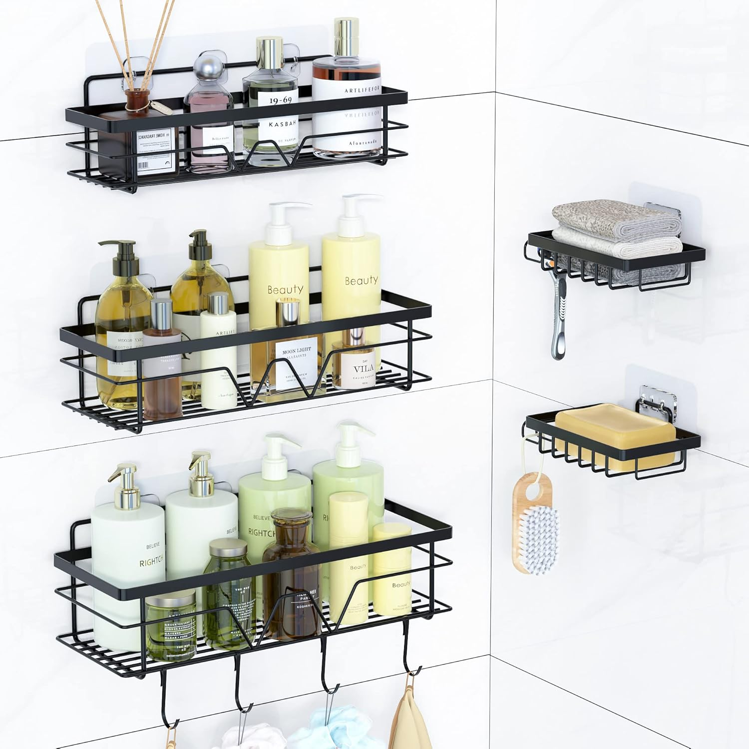 Vtopmart 5 Pack Shower Caddy Bathroom Shelves with 4 Hooks, 2 Soap Holders, Self Adhesive Bathroom Storage for inside Shower, Stainless Steel Bathroom Organiser for Kitchen, Restroom, Black image number 1