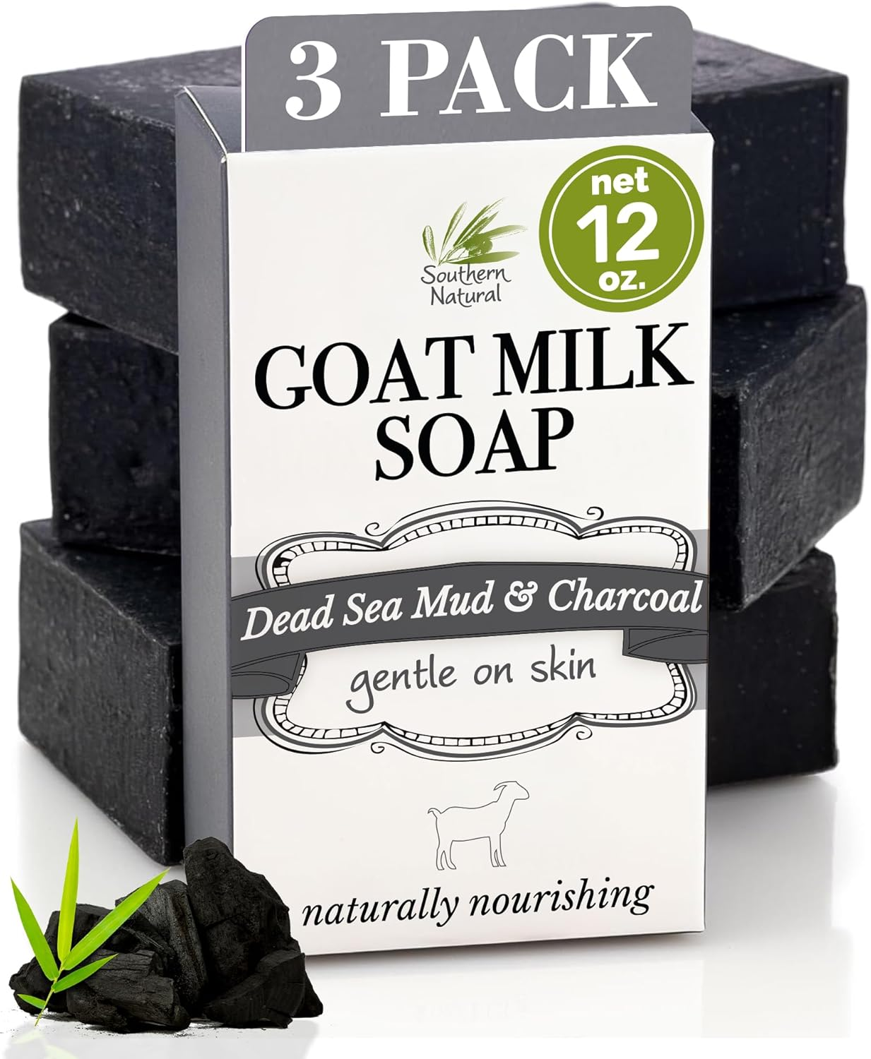 Southern Natural Activated Charcoal Soap Bar (3 Pack) Face and Body Soap for Sensitive Skin with Dead Sea Mud, Goat Milk & Peppermint Essential Oil image number 3