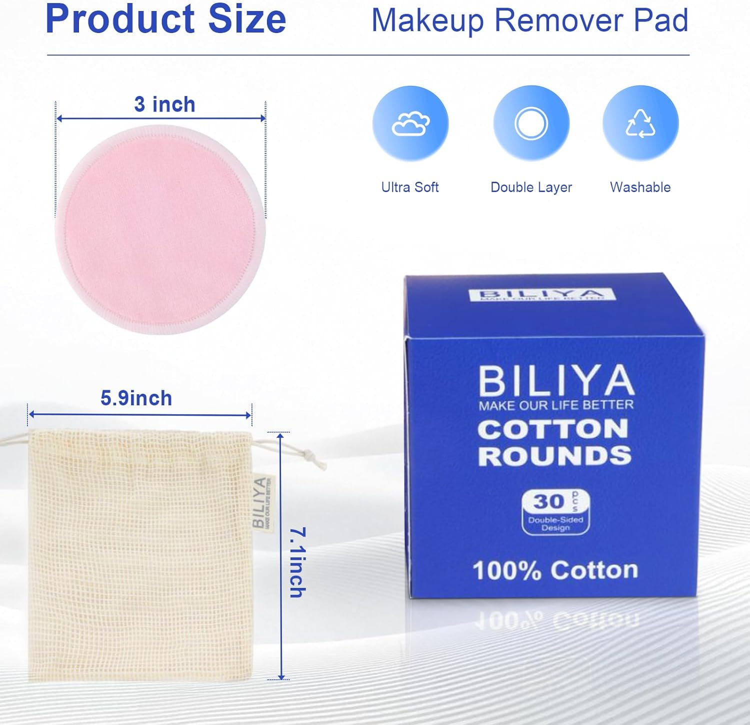 Reusable Makeup Remover Pad 60 Pack, Eco-Friendly Cotton Laundry Bag, Reusable Face, Eye & Lip Makeup Remover Pads, round Cotton Pads for All Skin Types image number 1