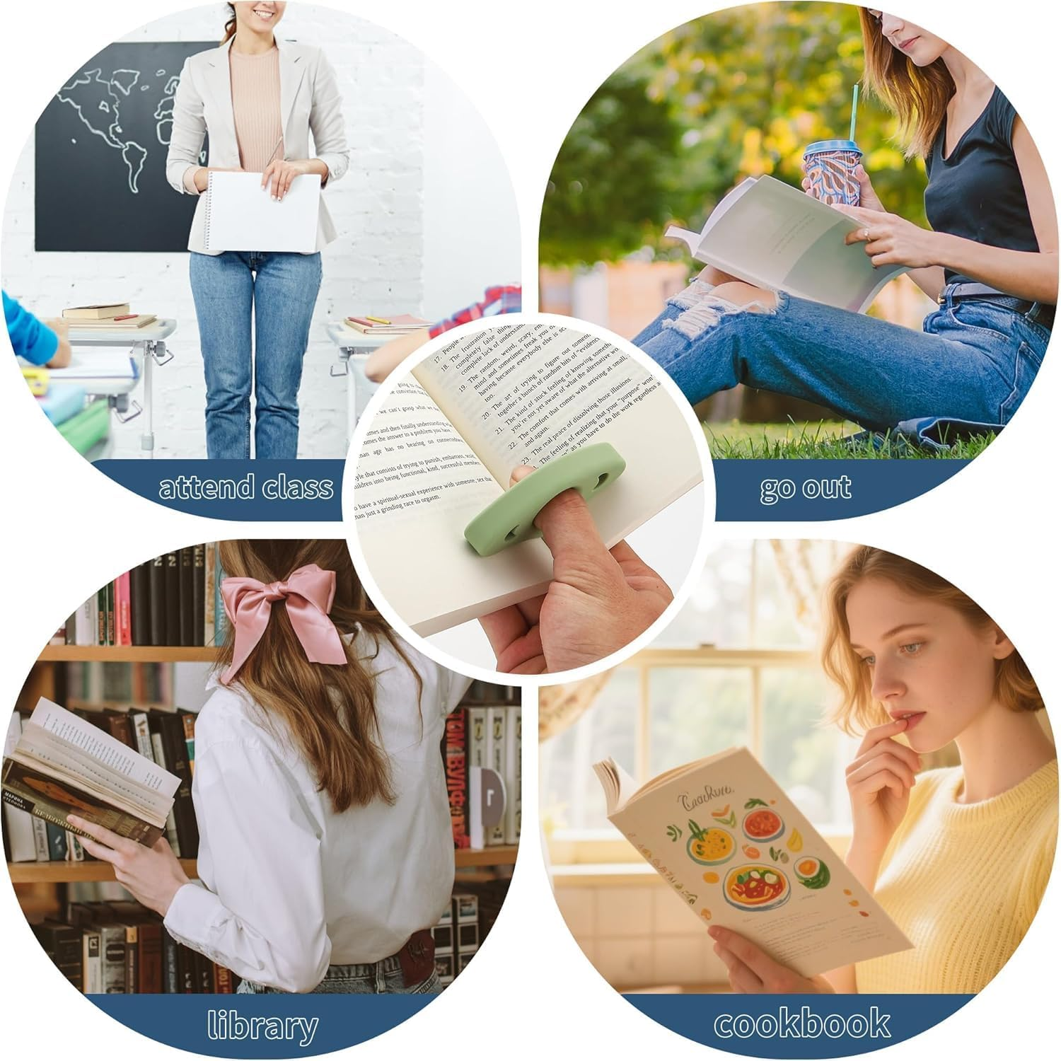 Book Page Holder, 2 Pack Breathable Silicone Thumb Page Holder for Reading, Ideal Book Reader Gifts and Reading Accessories (White+Green) image number 4