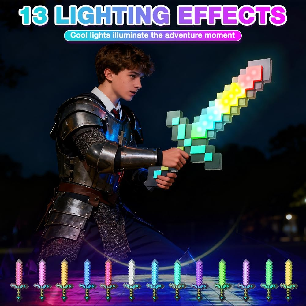 SGZIOO Diamond Sword Lamp Carft, 13 Night Light Lamp for Gaming with Sword Aura Sound Effects, Diamond Sword Toy, USB Rechargeable for Bedside Lamp with Base, DIY Gifts for Children