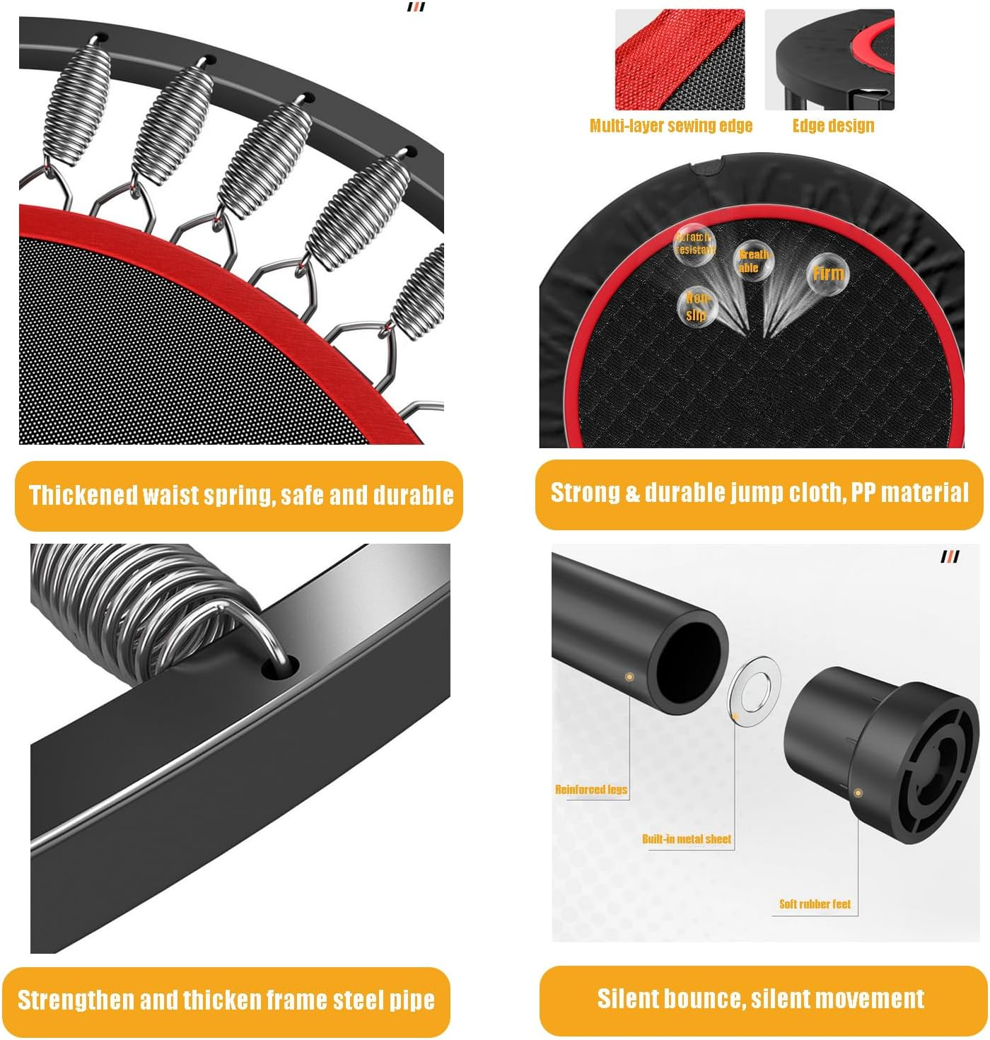 48" Foldable Mini Trampoline with Adjustable Non-Slip Handle Bar, Thick Steel Spring Fitness Exercise Workout Rebounder Trampoline for Adults Kids Indoor Outdoor Workouts Fitness up to 300Kg image number 2