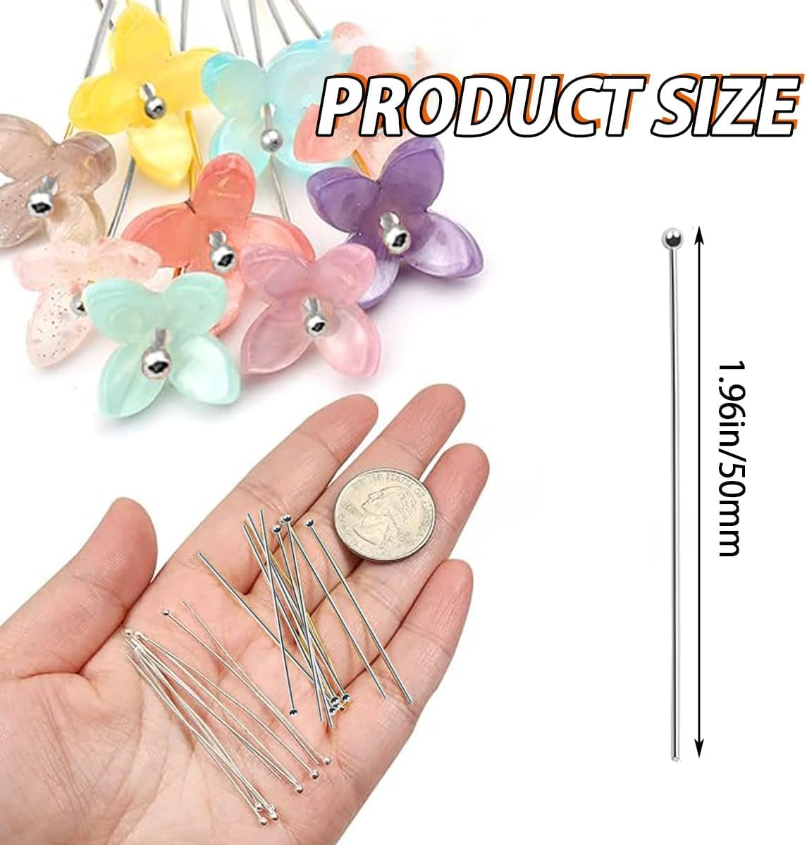 200Pcs Jewelry Making Head Pins 50Mm Platinum Silver Plated Brass Ball Head Pins for Earrings Jewelry Making Jewellery-Making Accessories (Silver) image number 1