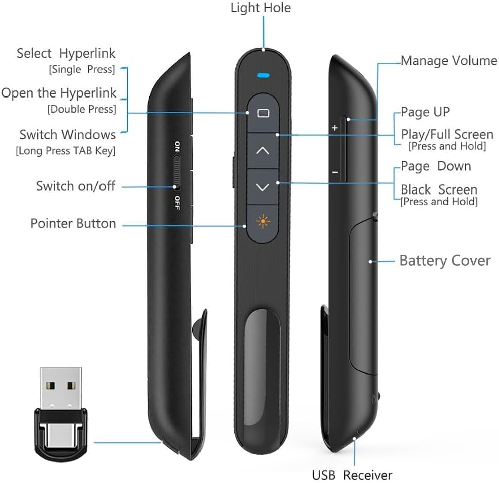 Usb/Type-C 2 in 1 Presentation Clicker for Powerpoint, Hyperlink Volume Control Wireless Presenter Remote Presentation Pointer Slide Advancer PPT Clicker for Mac Ipad Computer Laptop image number 3