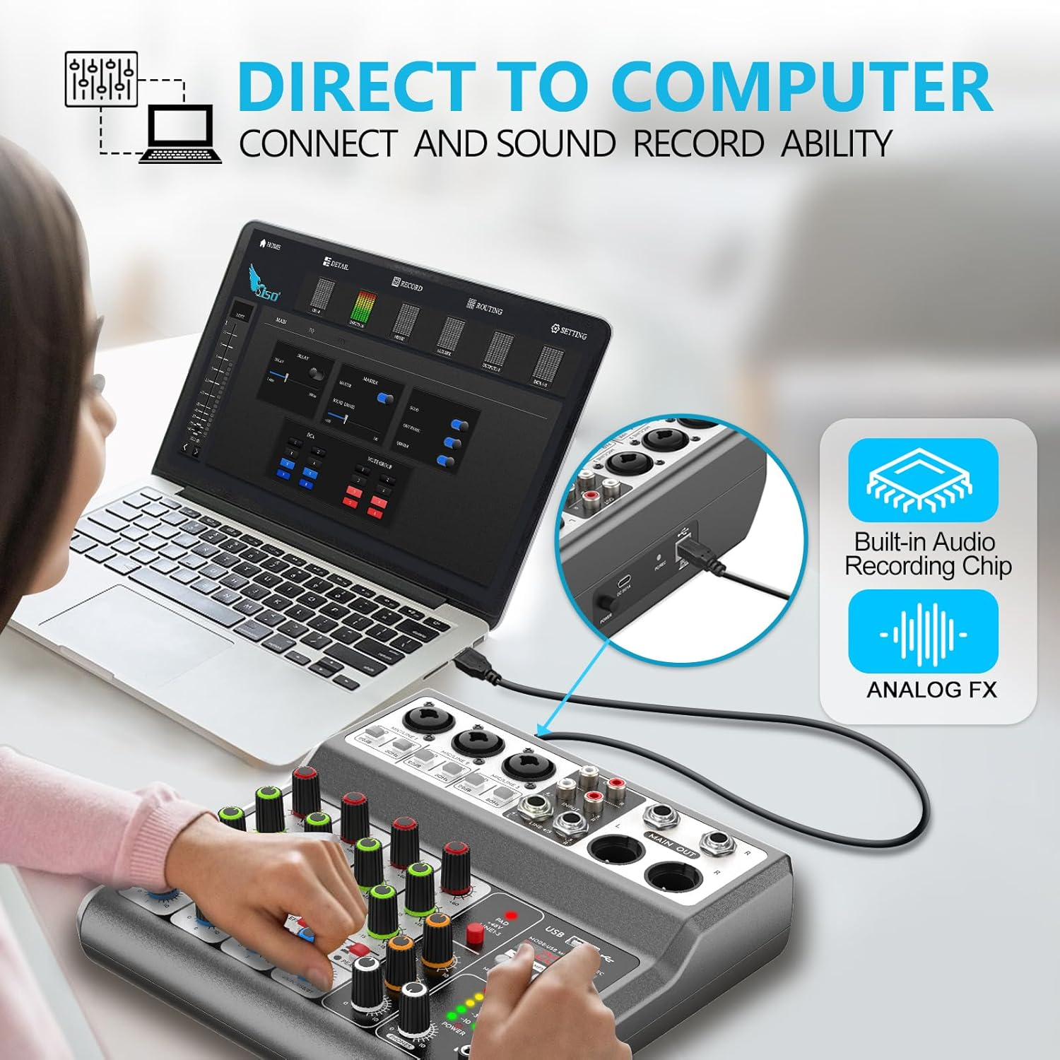 Aveek 5-Channel Audio Mixer, Sound Board Mixing Console with USB Bluetooth Reverb Delay Effect, Input 48V Phantom Power Stereo DJ Mixers for Recording, Live Streaming, Podcasting,Ak-70