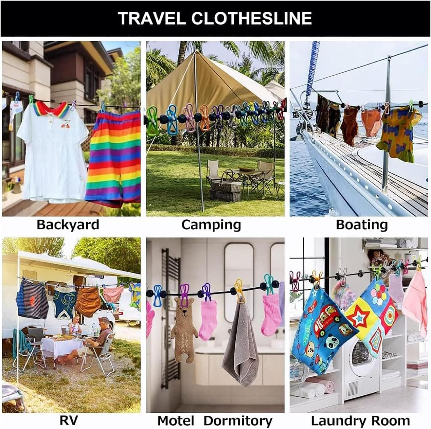 2 Pack Portable Clothesline with 12 Clothespins, Retractable Travel Windproof Clothesline with Climbing Clip, Suitable for Camping, Hotel Indoor and Outdoor Use(Blue) image number 6