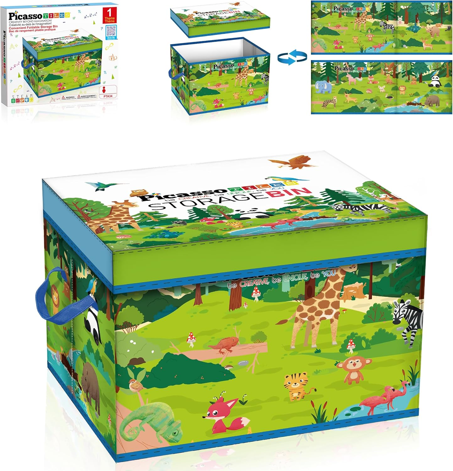 Picassotiles Foldable Toy Storage Chest Box Forest Animal Theme Magnet Tile Organization Bin with Lid and Handles Magnetic Tiles Playroom Organizer STEM Early Educational Toys Boys Girls Ages 3+ PTA34 image number 2