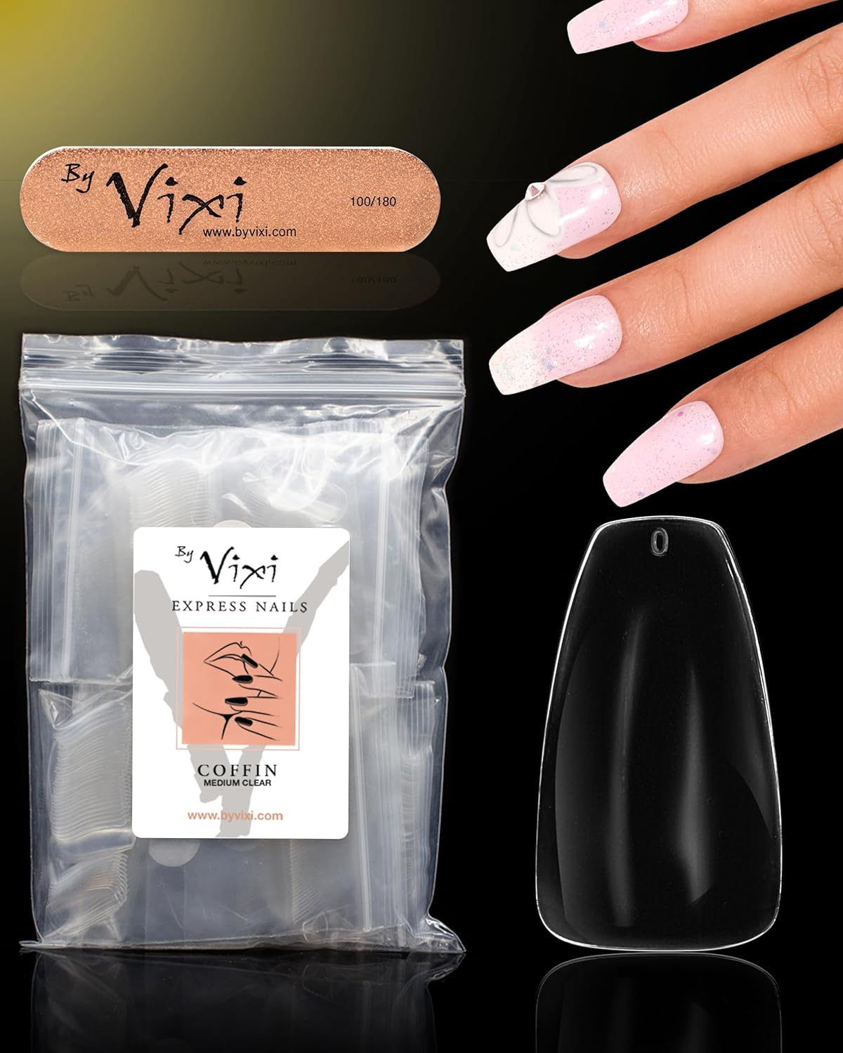 By Vixi 600 MEDIUM ALMOND NAIL SET with PREP FILE, 10 Sizes &ndash; Clear Express Full Cover False Fingernail Extensions for Salon Professionals & Home Use