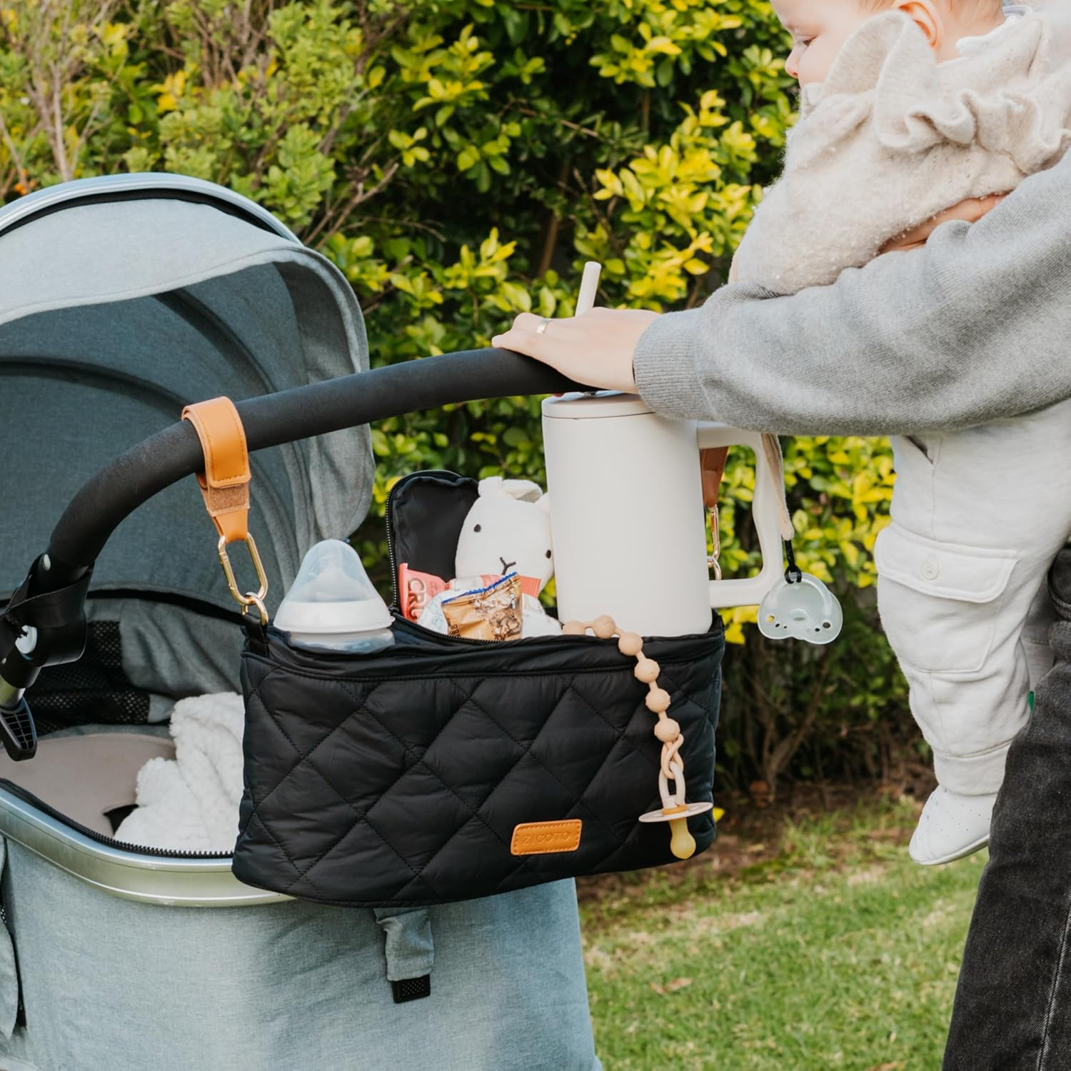 ZICOTO Beautiful Stroller Organizer Bag - Easy to Install Stroller Caddy Incl. Cup Holder Attachment - Perfectly Sized Accessories for Any Stroller - Pink image number 7