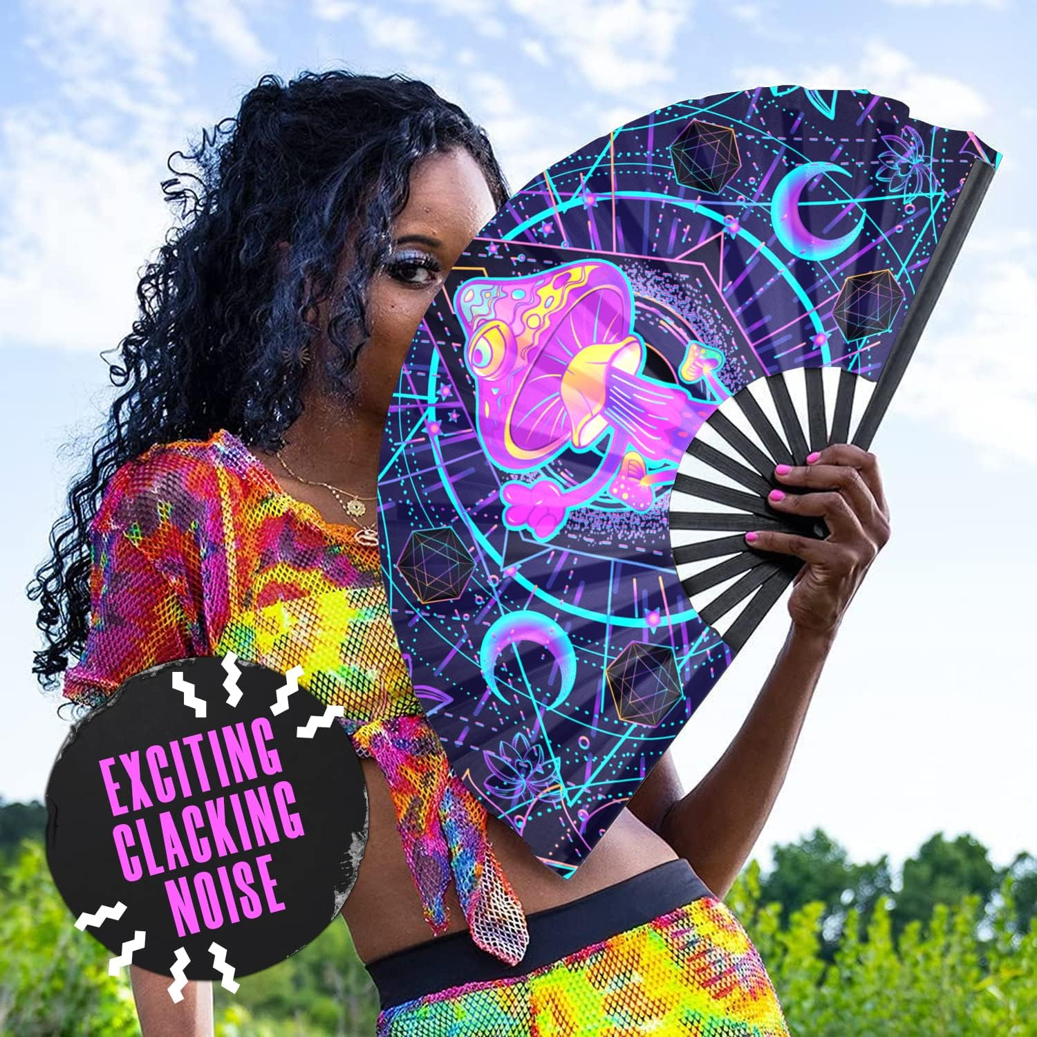 Glofx Rave Fan - UV Mushroom - Large Folding Fan - Music Festival Essential, EDM Rave Accessories, Folding Hand Fan, Clack Fan - Alice Cat image number 6