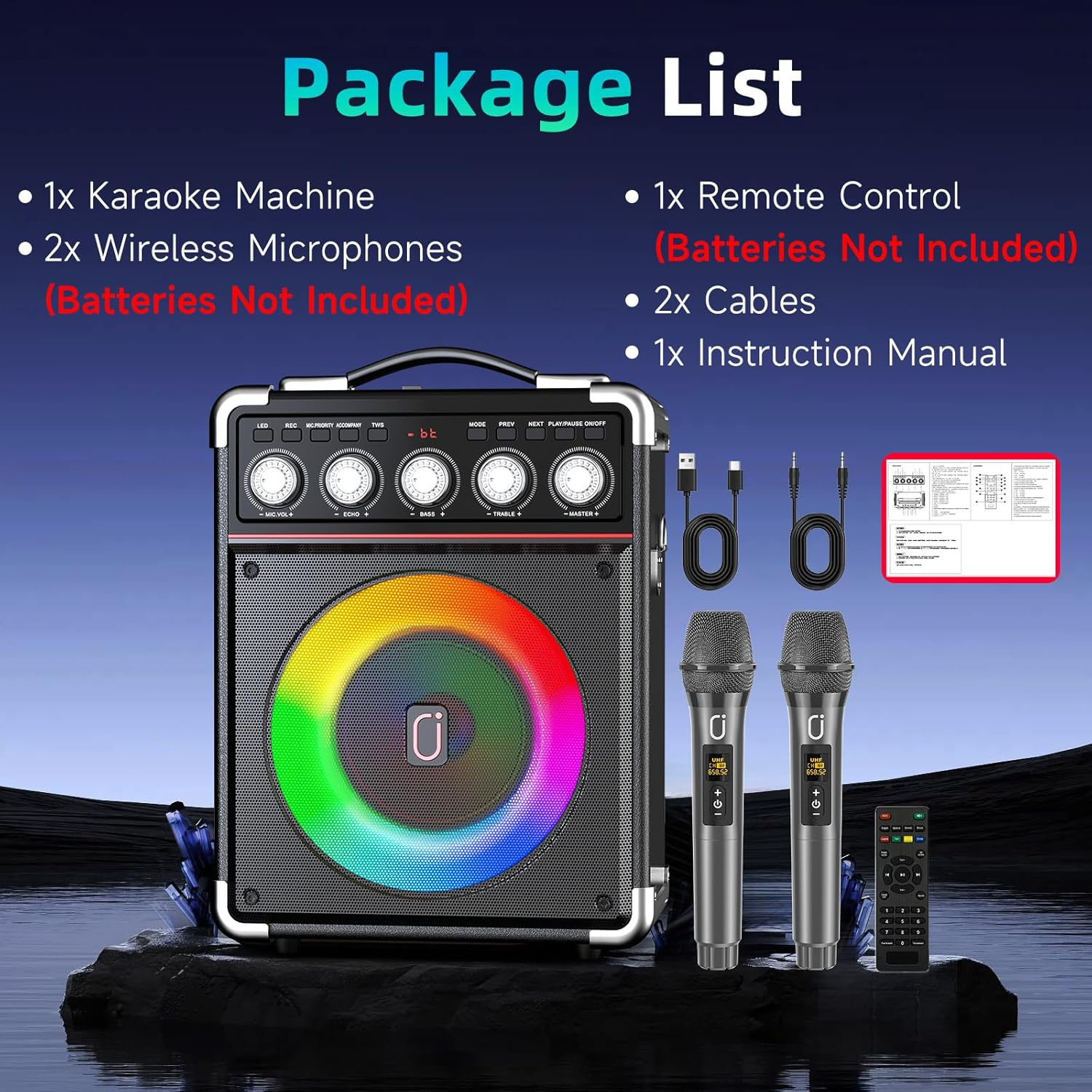 Karaoke Machine with 2 Wireless Mics, Portable Bluetooth Speaker with Disco Lights, Bass/Treble Control & Remote, PA System for Home, Outdoor, Parties & Events, Supports REC, USB, AUX, TF Card image number 3
