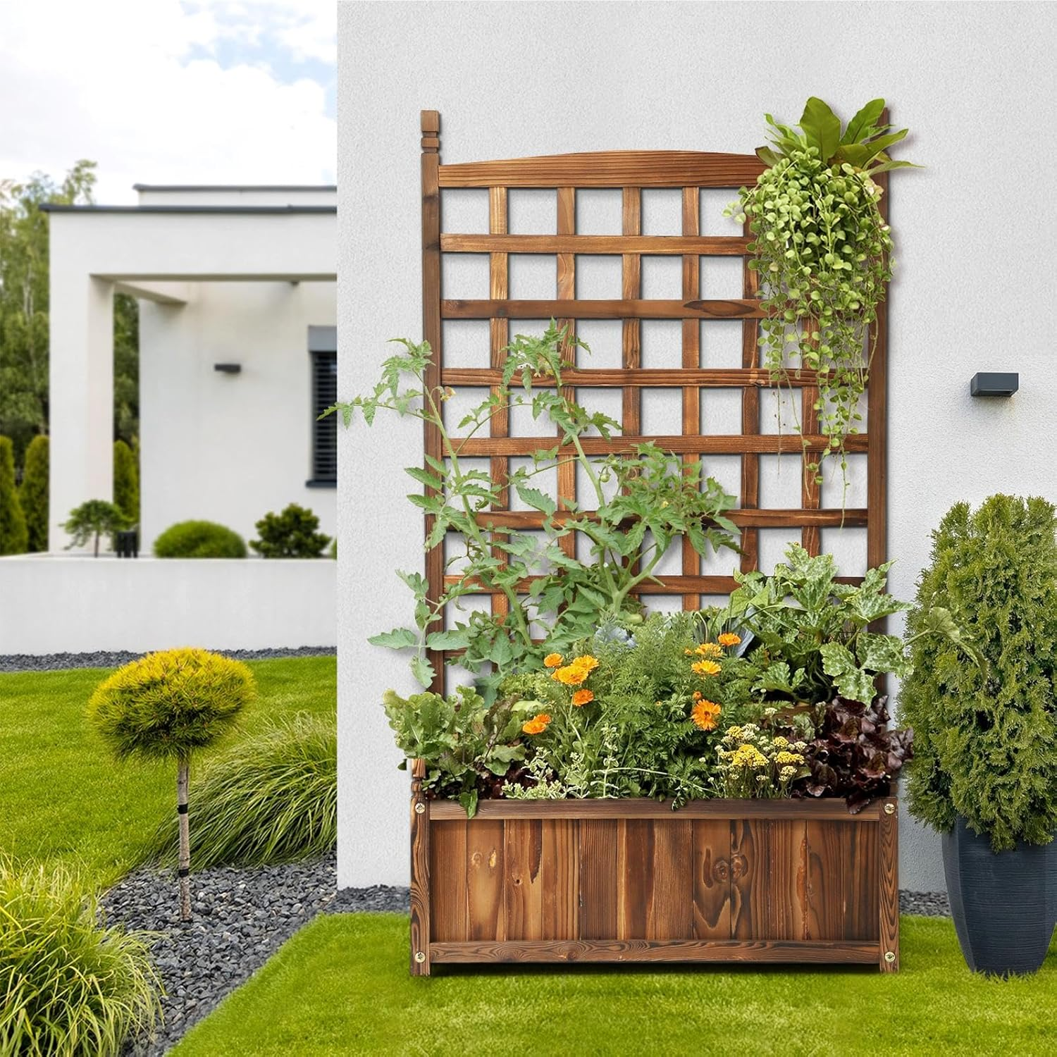 Livsip Wooden Garden Bed with Trellis 64 X 28.5 X 115Cm Raised Garden Bed Standing Flower Vegetable Planter image number 1