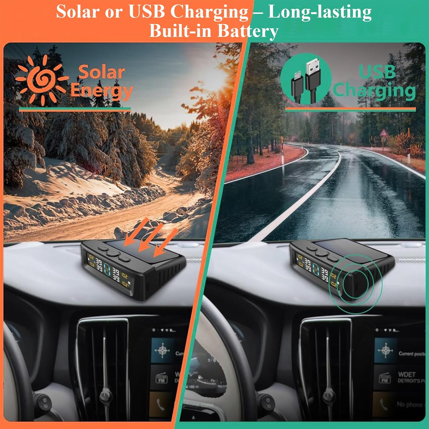 MAEZOE TPMS Tire Pressure Monitor with Solar & USB Charging, Digital Display & Waterproof Sensors &ndash; Wireless Tyre Pressure Monitoring for Cars, Suvs, 4Wds, Trailers image number 2