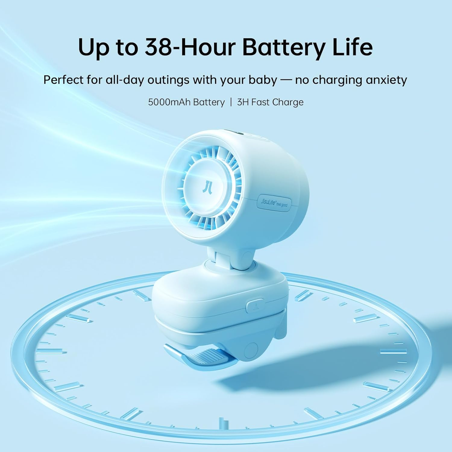 JISULIFE 2026 Clip Fan &ndash; Small & Stylish with 38H Cooling, Soft Night Light, One‑Click Detachable for Stroller or Desk, Safe Stroller Fan for Crib Car Seat Nursery Travel, Gifts for Baby Mom (Blue) image number 2