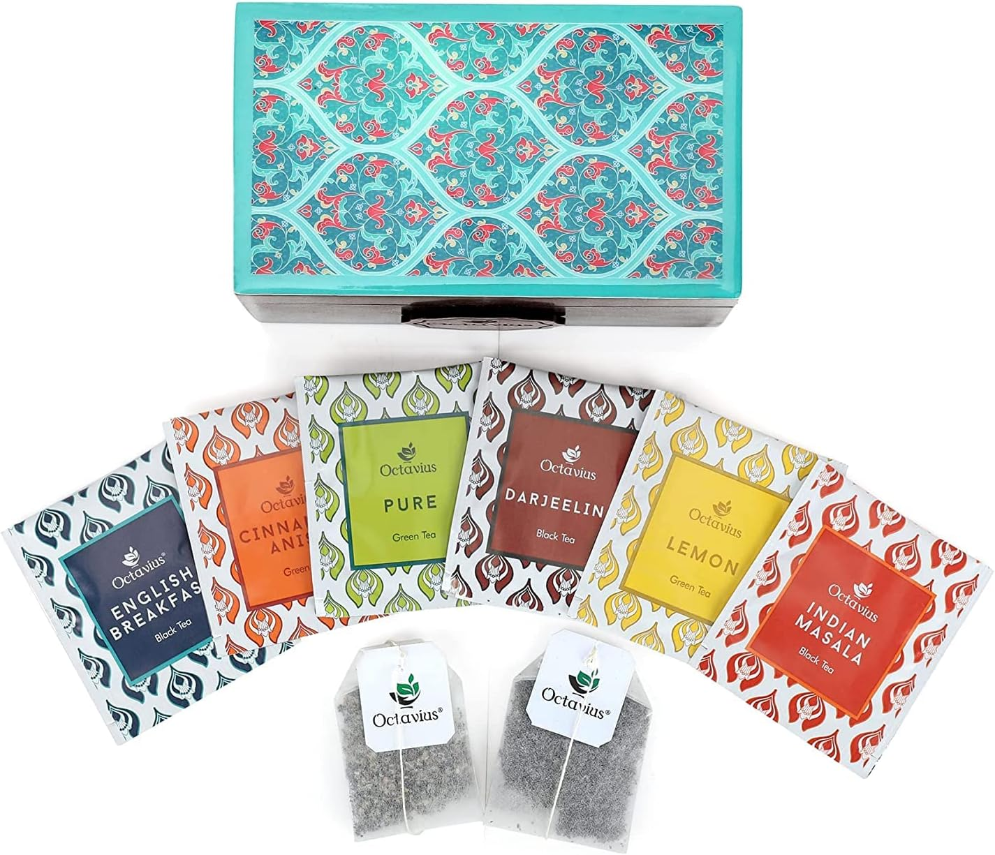 Octavius Assorted Black & Green Tea Sampler Gift Set (6 Flavors, 60 Teabags) | Wooden Tea Box with Leafcut Design | Tea Variety Pack | Gifts for Women & Men | Premium Tea Gift Set