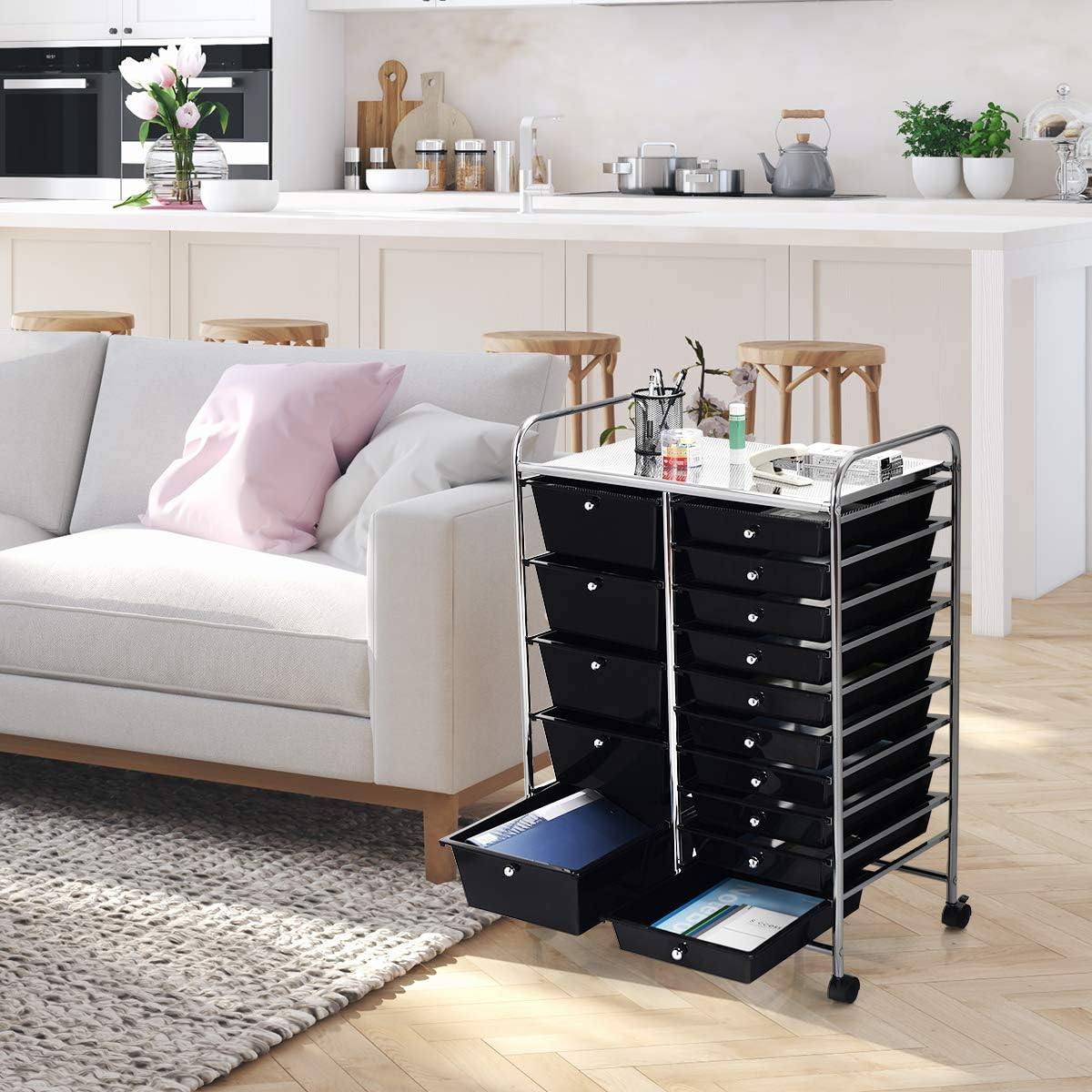 Costway 15-Drawer Rolling Storage Cart, Mobile & Lightweight File Cabinet Trolley Rack, Black, Metal & Plastic, Ideal for Home, Office, School, Kitchen, Beauty Salon image number 1