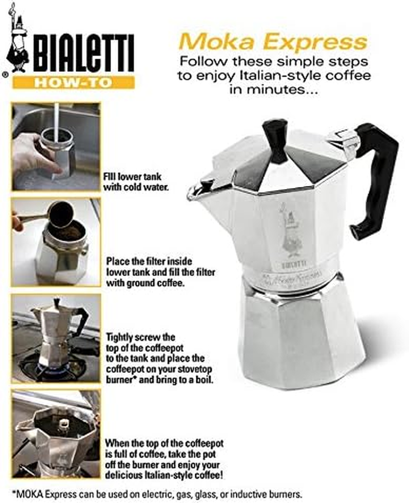 Bialetti the Original Moka Express Made in Italy 9-Cup Stovetop Espresso Maker with Patented Valve, Silver