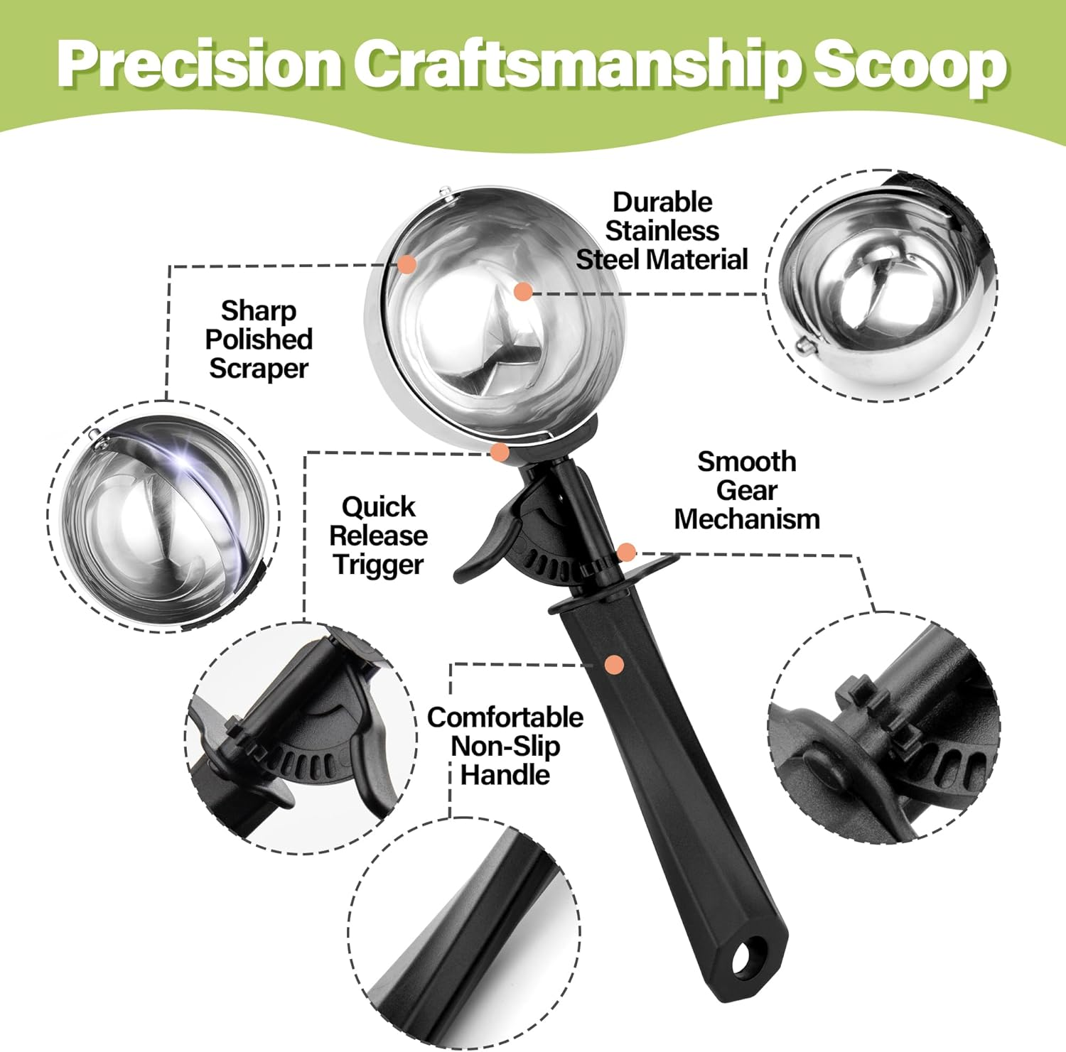 Stainless Steel Ice Cream Scoop, 8.7 Tbsp, Ice Ball Scoop, 130 Ml with Trigger and Comfortable Handle for Ice Cream Ball, Baking, Melon Ball, Ice Cream Scoop, Size 80 Mm image number 6