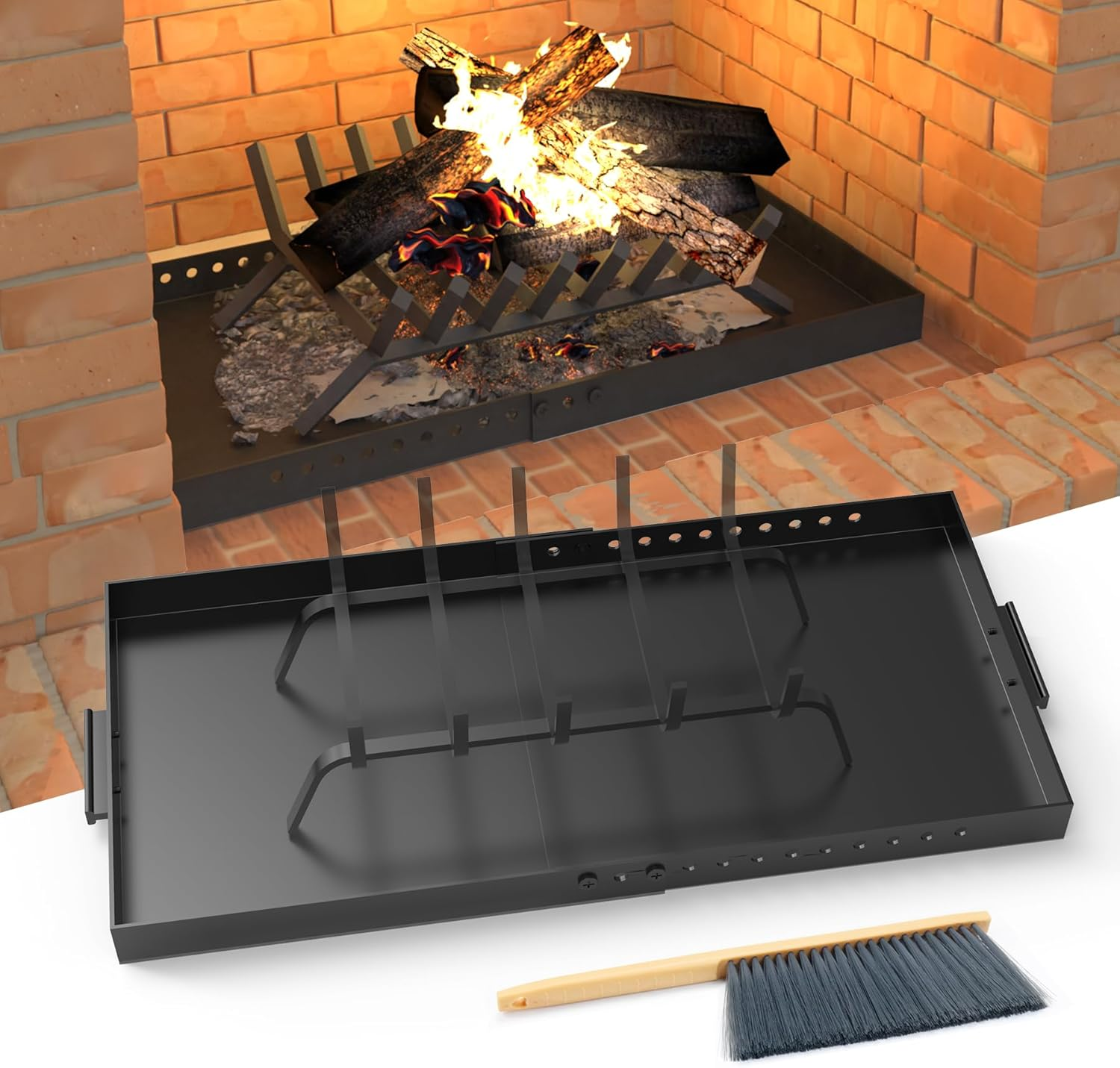 GCGOODS Fireplace Tray with Handles, Expandable Ember Holder Fireplace Pan with 13 Inch Front to Back, Adjustable Ash Pan for Ash Collection, Brush Included for Easy Cleaning, Black, Rectangle