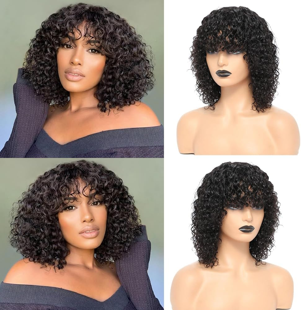 Real Hair Wig, 12 Inches, Short Kinky Curly Human Hair Wigs for Women, Bob Curly Wigs, Curly 180% Density, Human Hair Wig with Fringe Wigs, Brazilian Human Hair image number 3