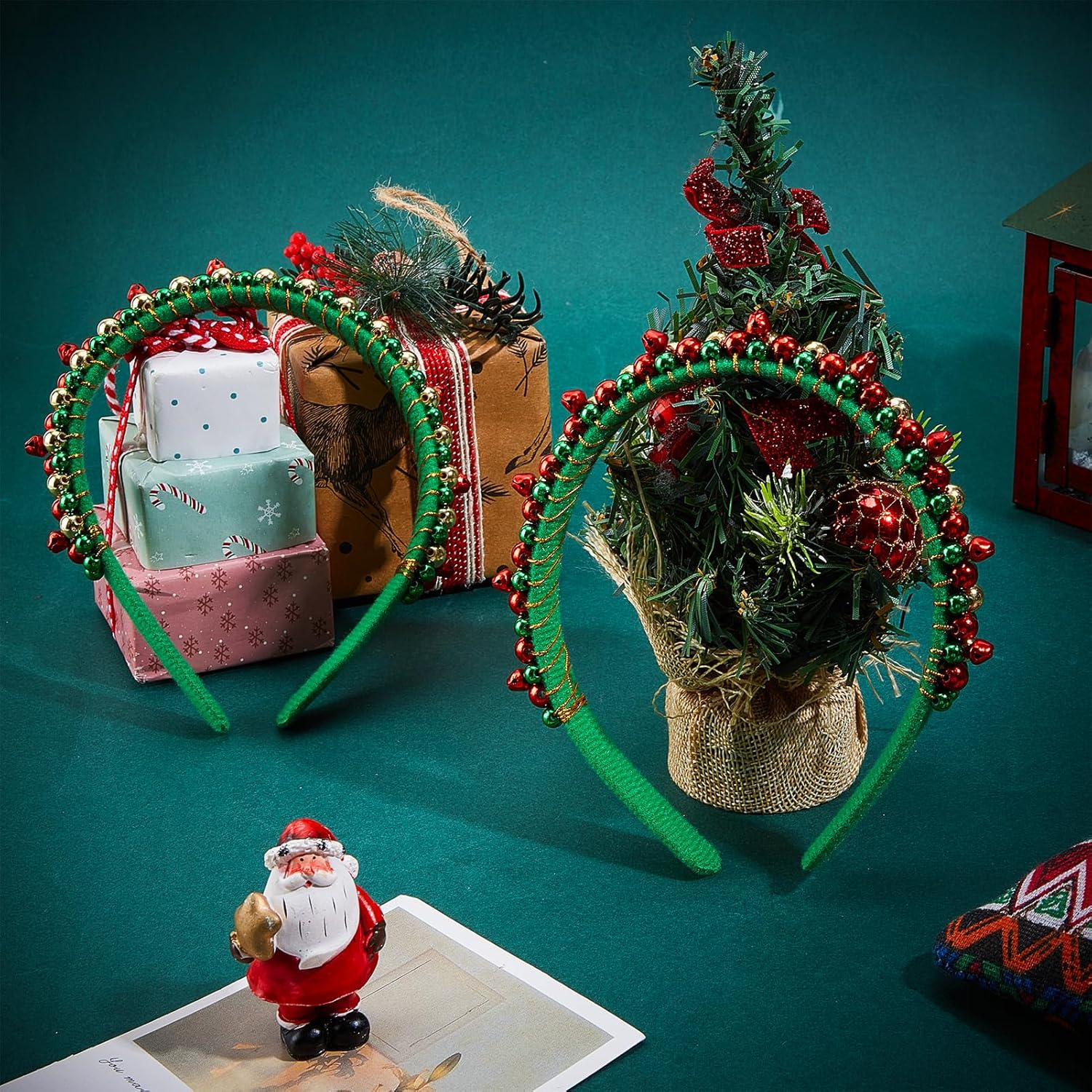 NICENEEDED Pack of 2 Christmas Headbands with Bells Red Green Gold Tone Christmas Bells Hair Band for Women Hair Accessories for Christmas Parties image number 1