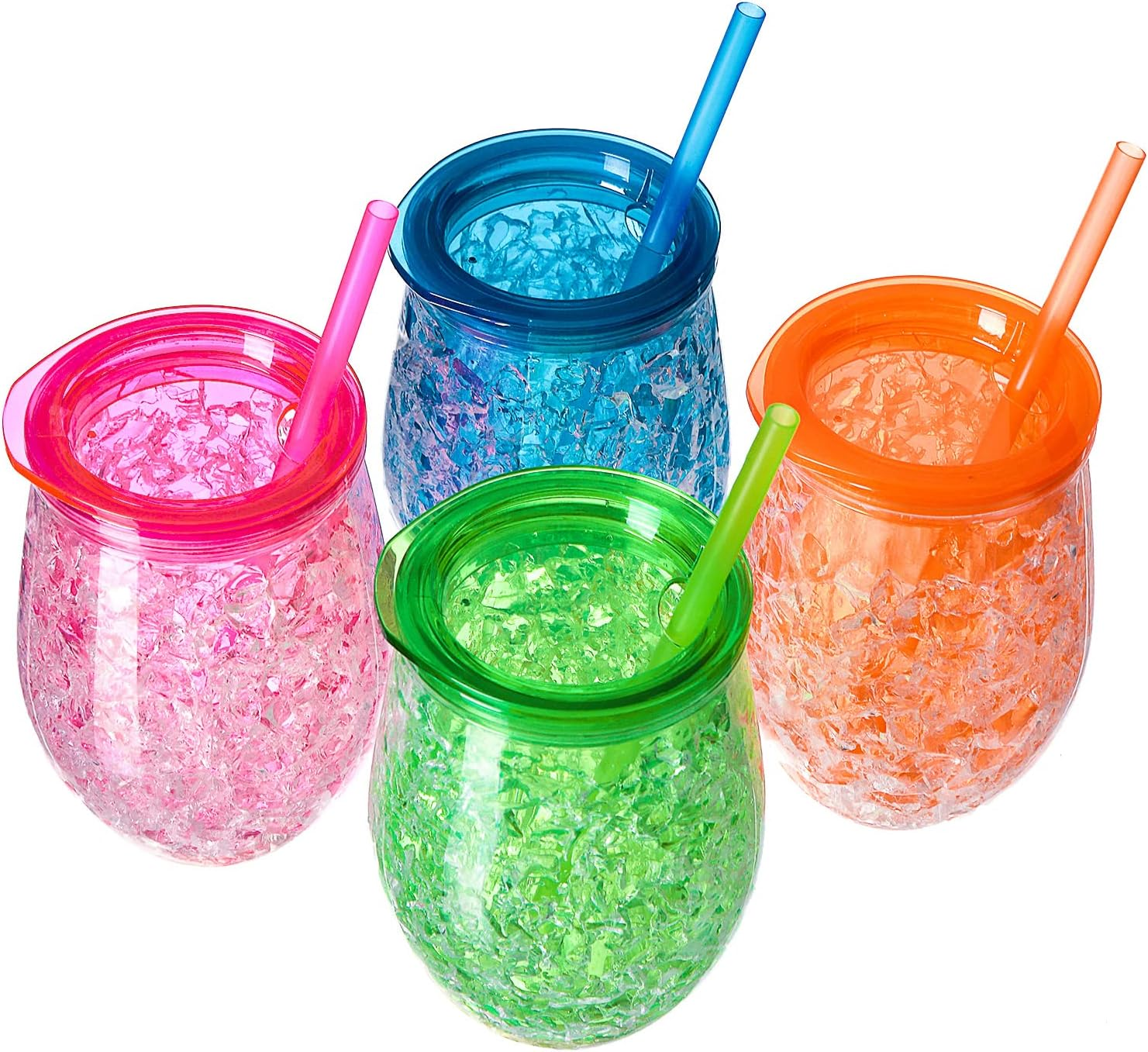 EASICOZI Cute Shape Frosty Freezer Ice Mugs with Straw Clear 11.8Oz Set of 4(Red, Green, Blue and Orange) (Oval) image number 2