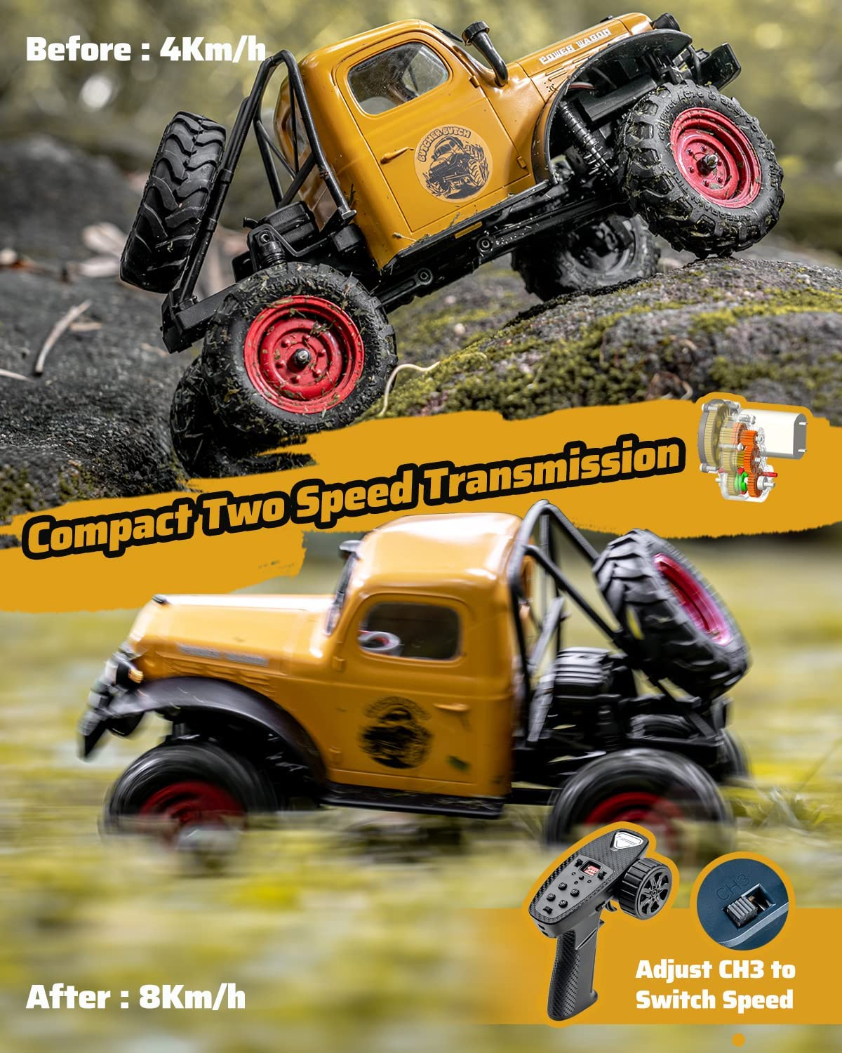 EAZYRC RC Car 1/24 Remote Control Car, FCX24 Power Wagon 4WD RC Crawler Two-Speed Shift, RC Rock Crawler 8Km/H with Blind Box Upgrade RC Accessories for Adults (Blue)